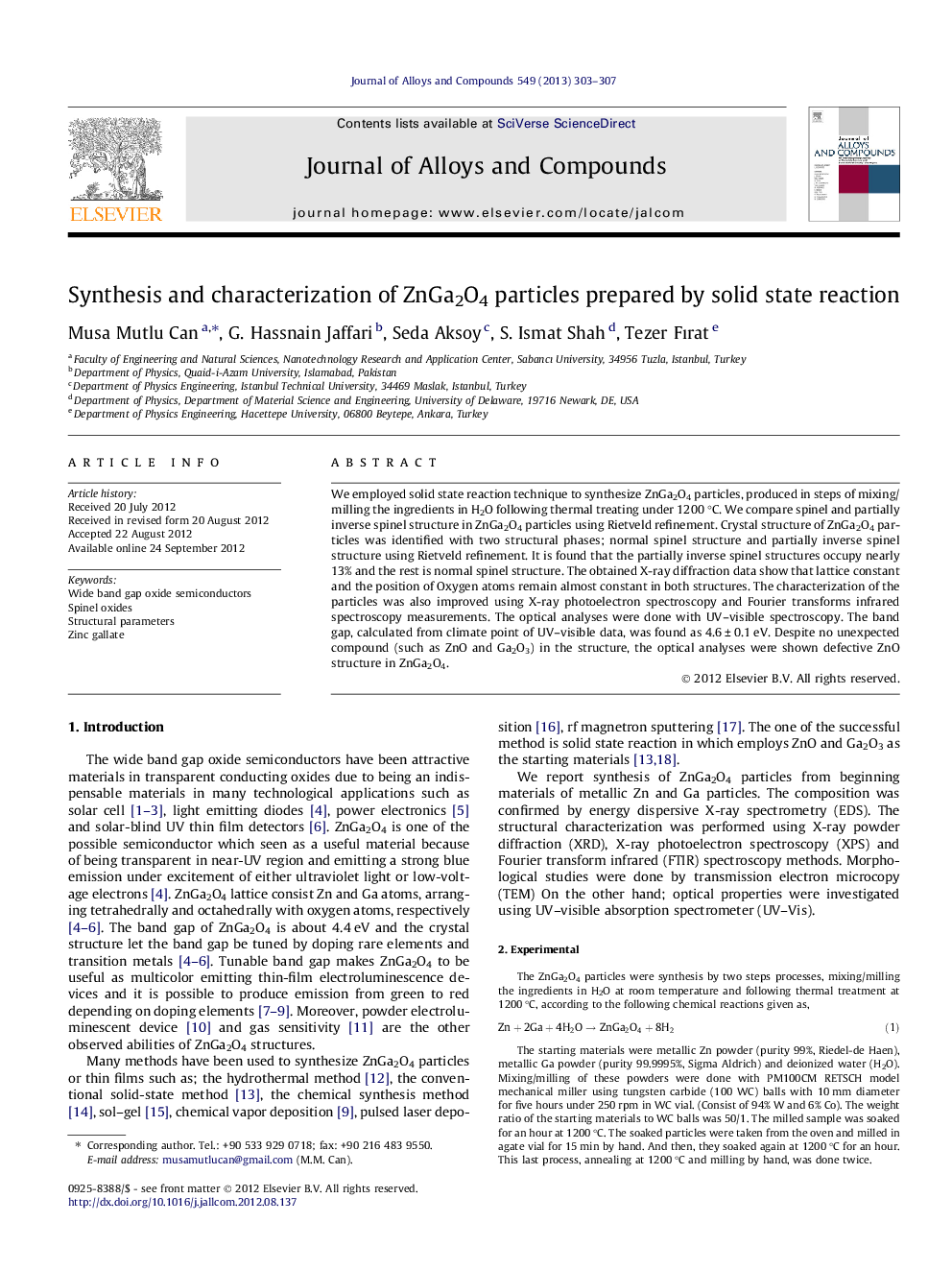 Synthesis and characterization of ZnGa2O4 particles prepared by solid state reaction