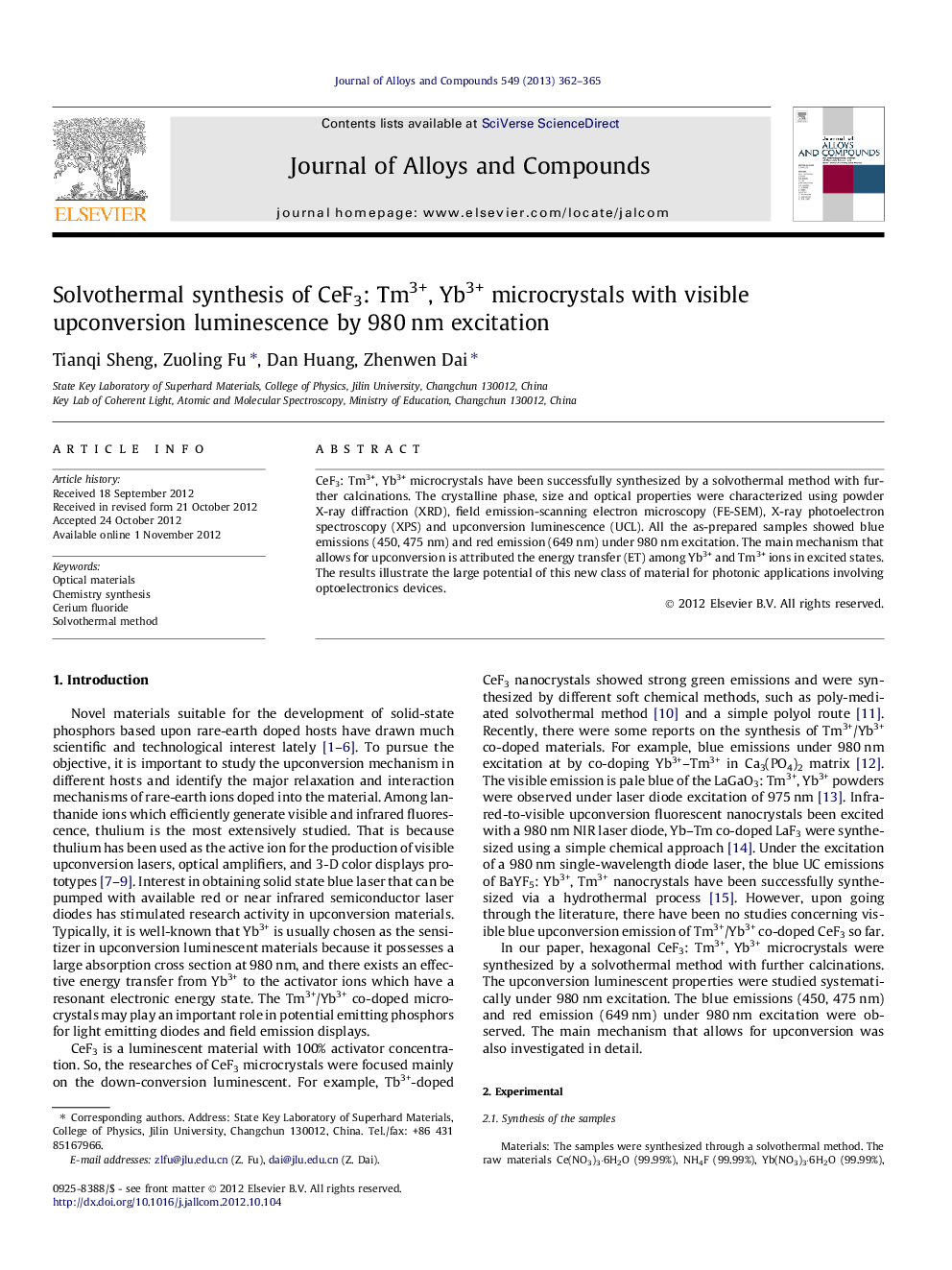 Solvothermal synthesis of CeF3: Tm3+, Yb3+ microcrystals with visible upconversion luminescence by 980 nm excitation