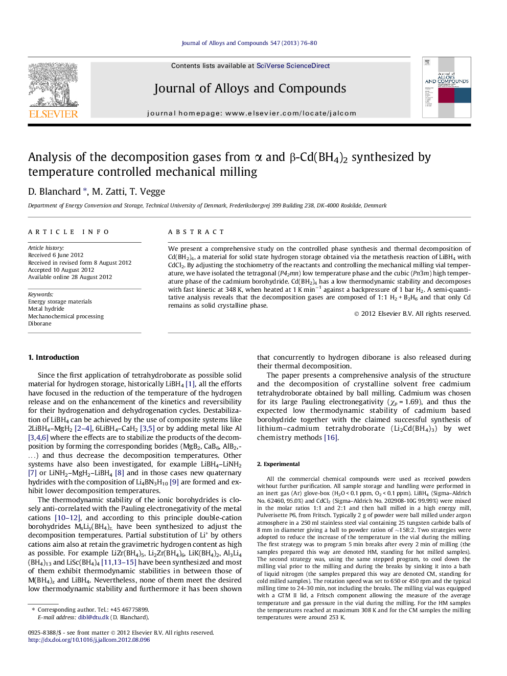 Analysis of the decomposition gases from Î± and Î²-Cd(BH4)2 synthesized by temperature controlled mechanical milling