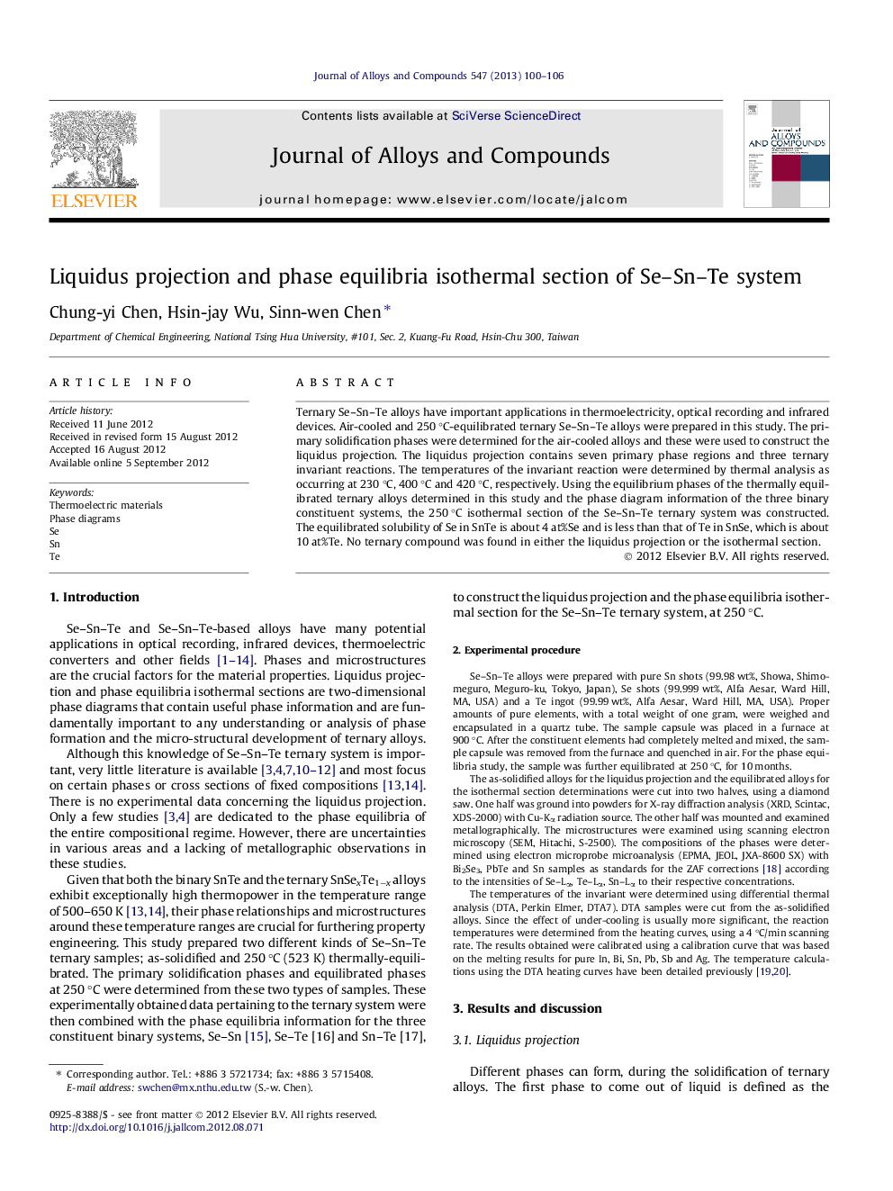 Liquidus projection and phase equilibria isothermal section of Se-Sn-Te system