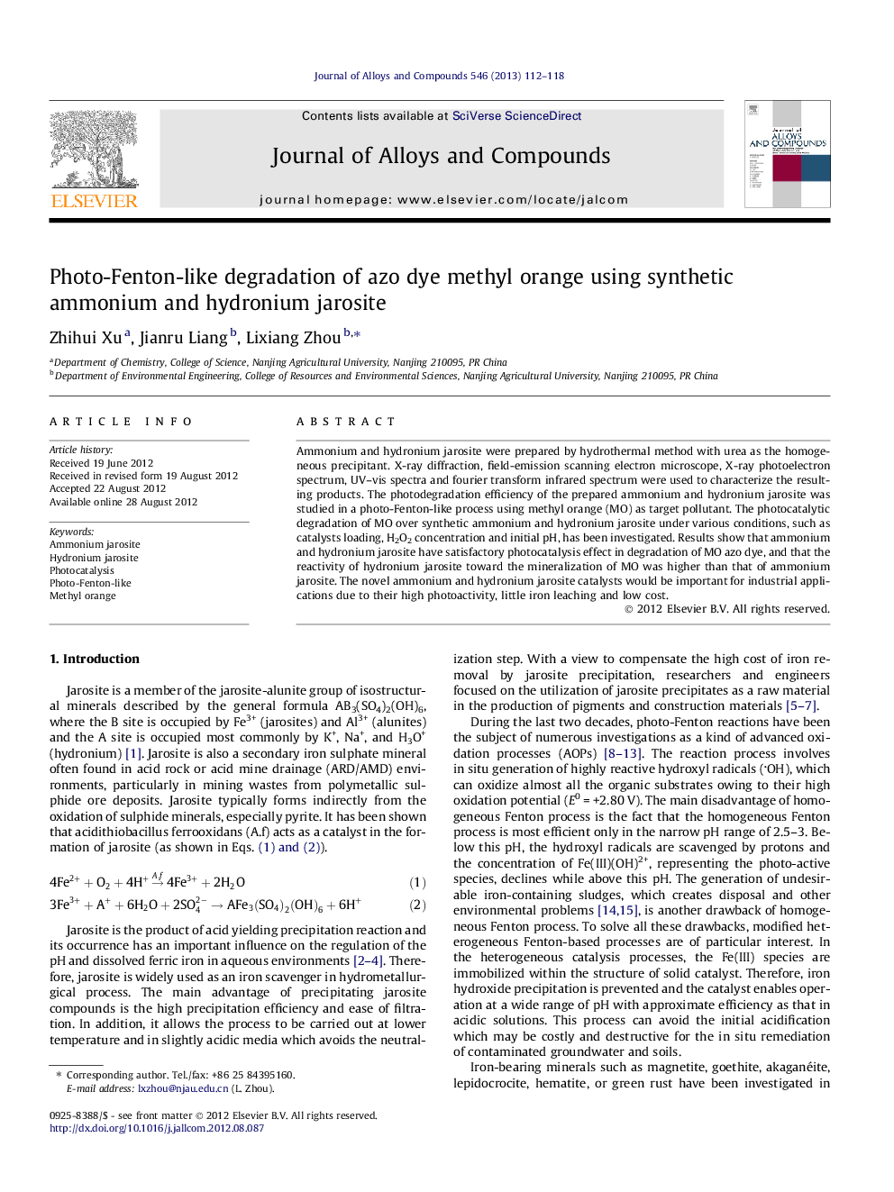 Photo-Fenton-like degradation of azo dye methyl orange using synthetic ammonium and hydronium jarosite