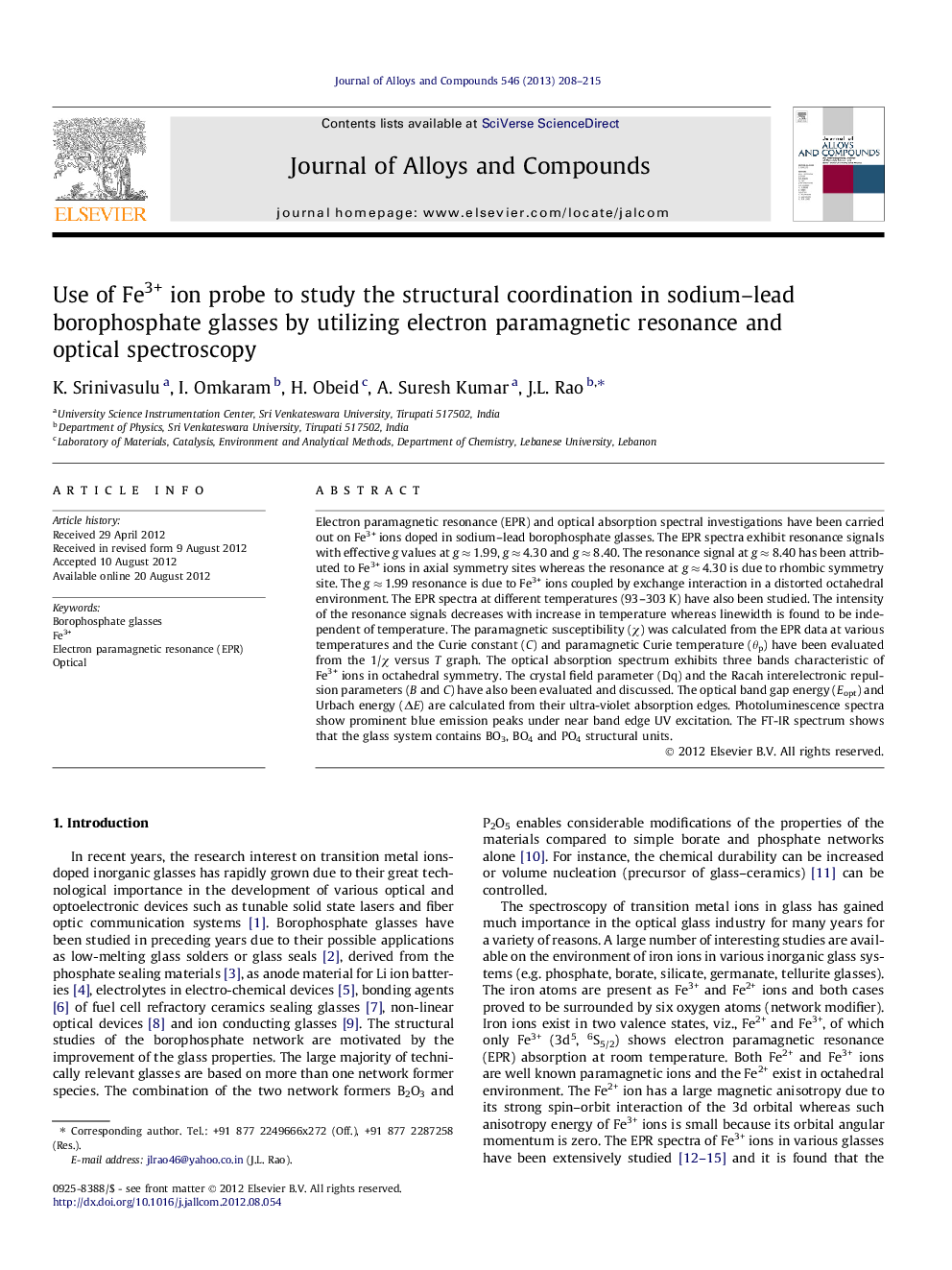 Use of Fe3+ ion probe to study the structural coordination in sodium–lead borophosphate glasses by utilizing electron paramagnetic resonance and optical spectroscopy