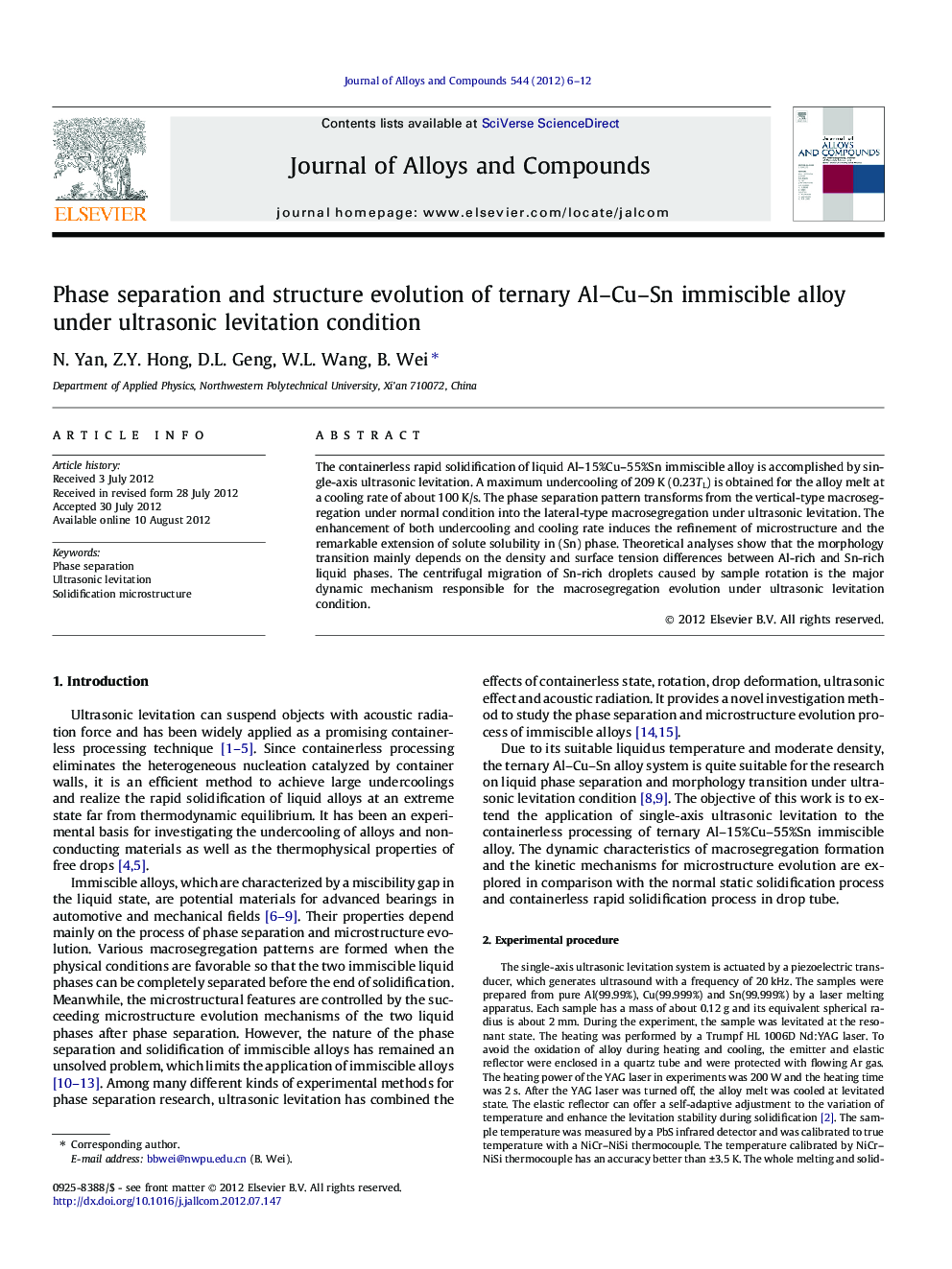 Phase separation and structure evolution of ternary Al–Cu–Sn immiscible alloy under ultrasonic levitation condition