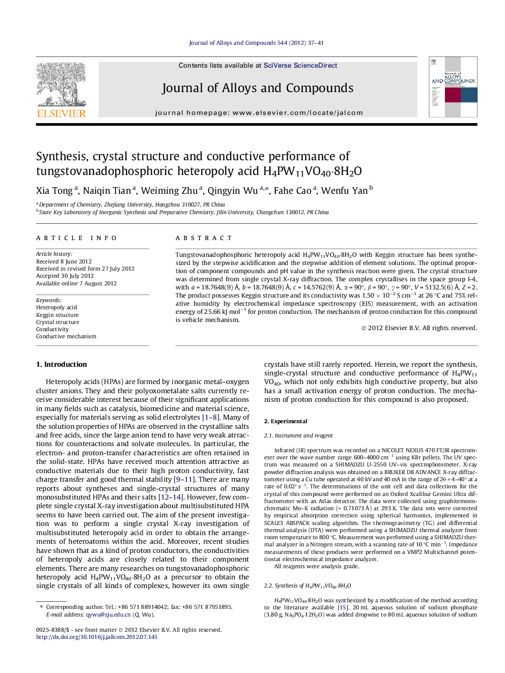 Synthesis, crystal structure and conductive performance of tungstovanadophosphoric heteropoly acid H4PW11VO40·8H2O