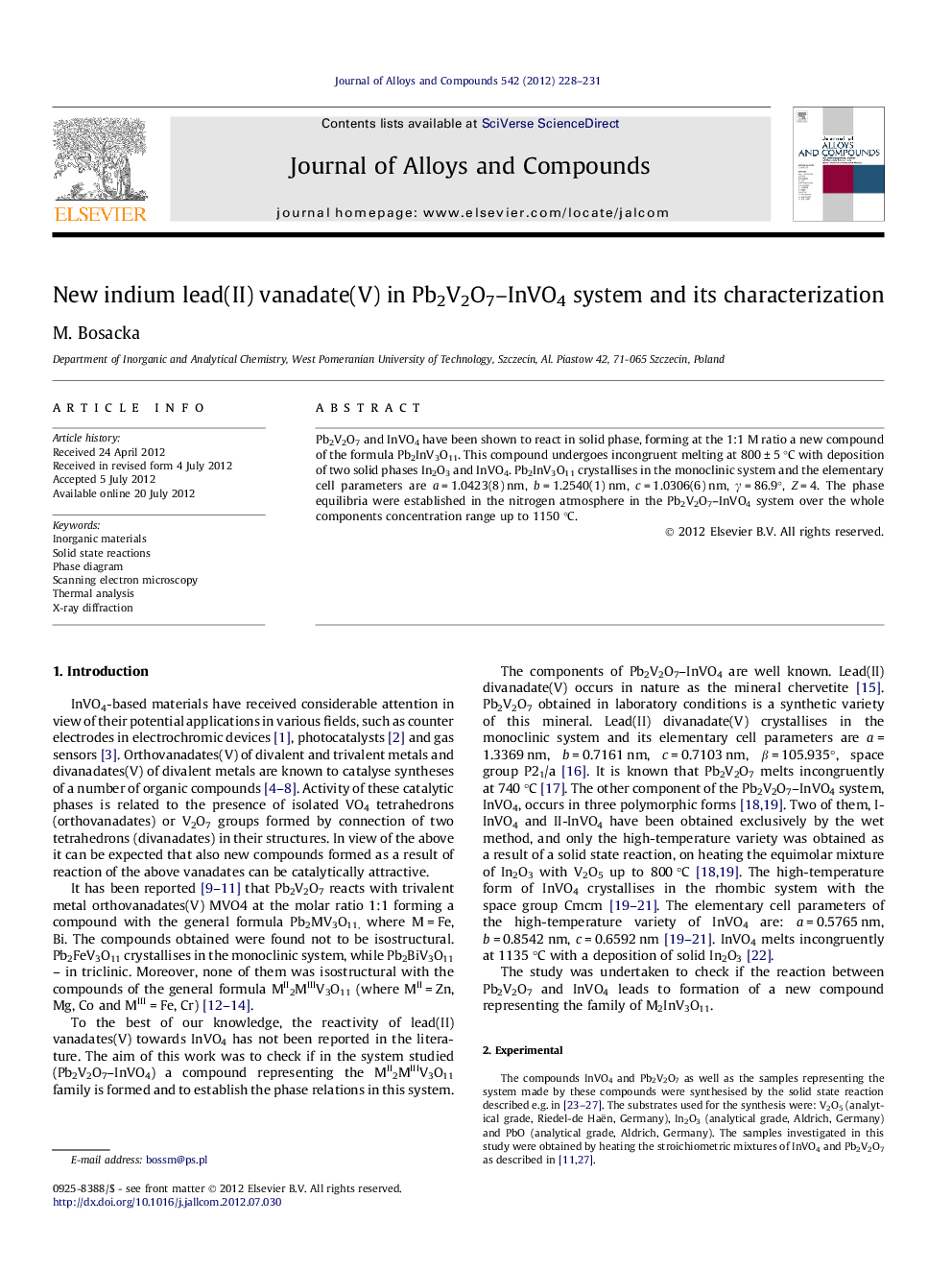 New indium lead(II) vanadate(V) in Pb2V2O7-InVO4 system and its characterization