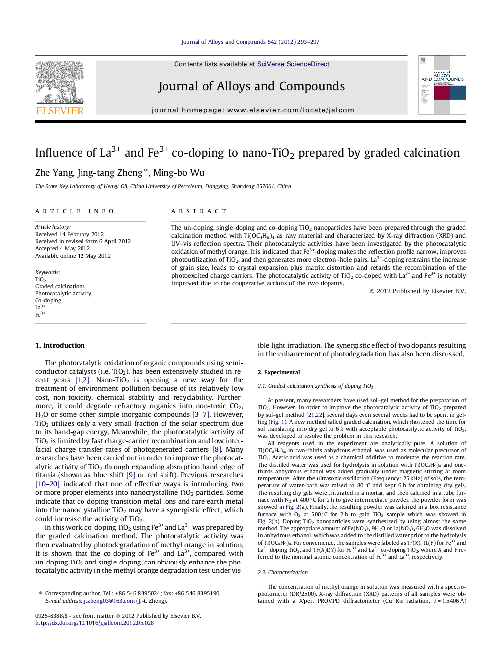 Influence of La3+ and Fe3+ co-doping to nano-TiO2 prepared by graded calcination