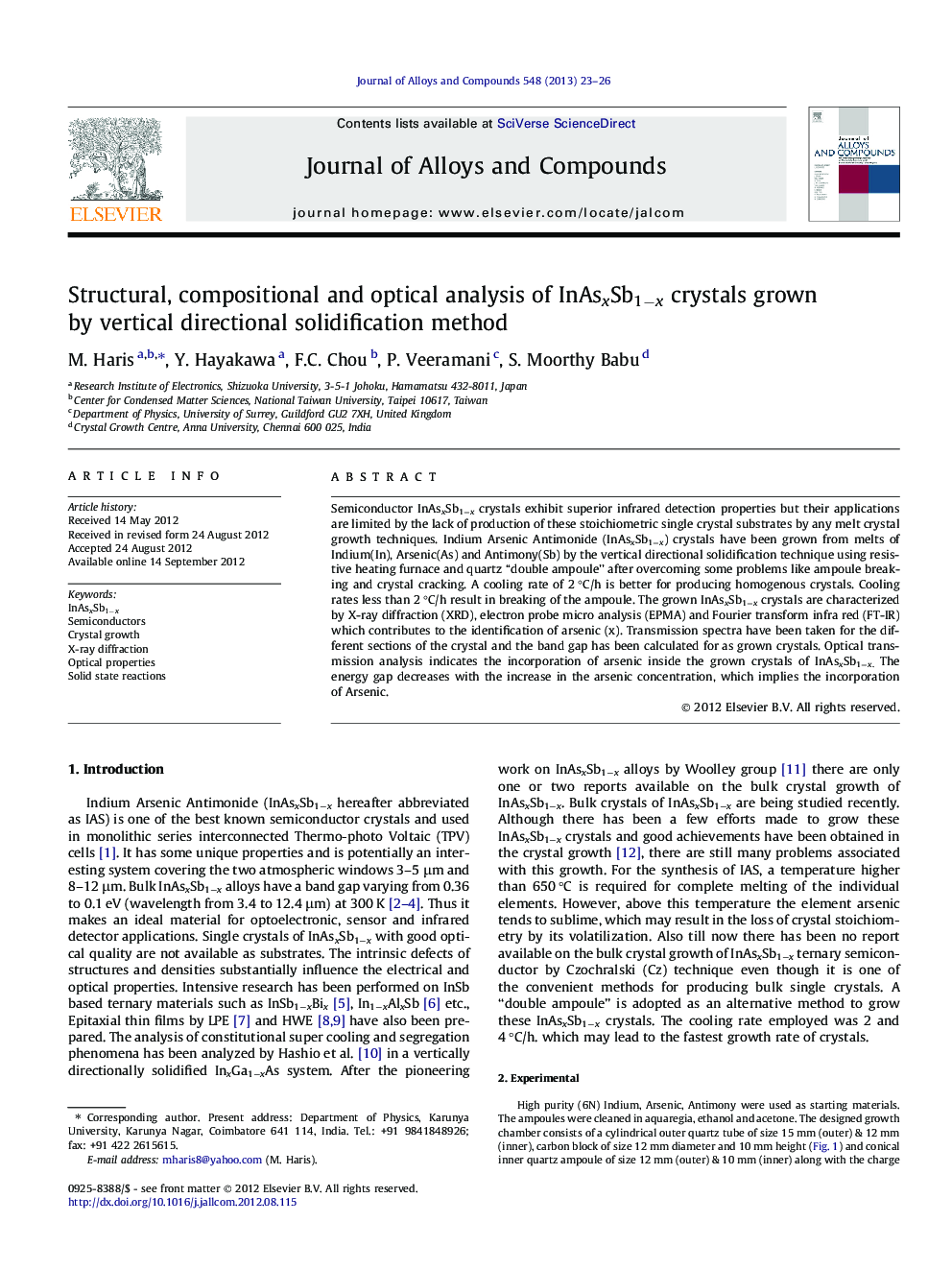 Structural, compositional and optical analysis of InAsxSb1−x crystals grown by vertical directional solidification method