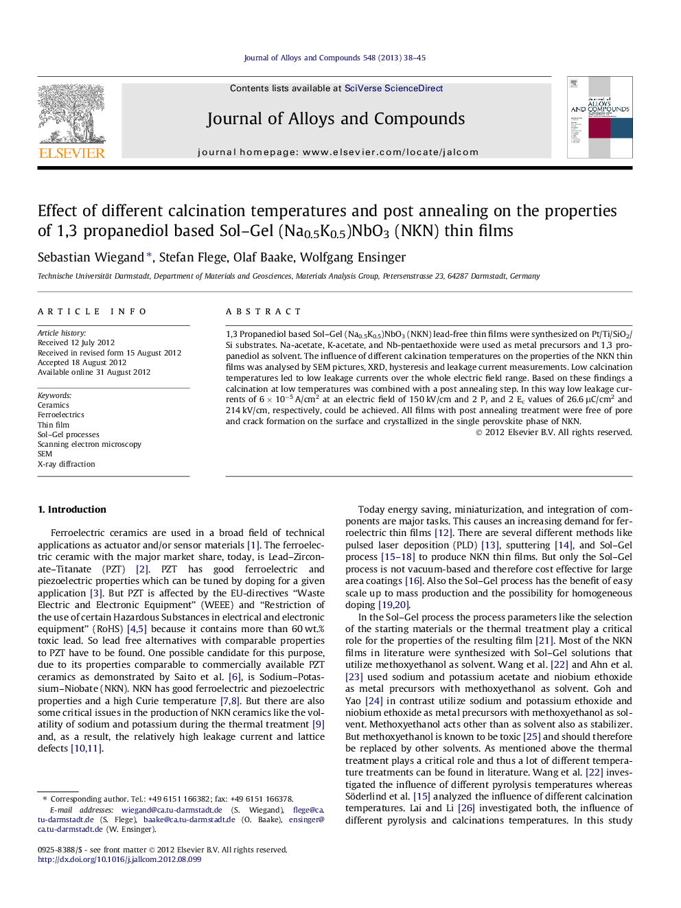 Effect of different calcination temperatures and post annealing on the properties of 1,3 propanediol based Sol-Gel (Na0.5K0.5)NbO3 (NKN) thin films