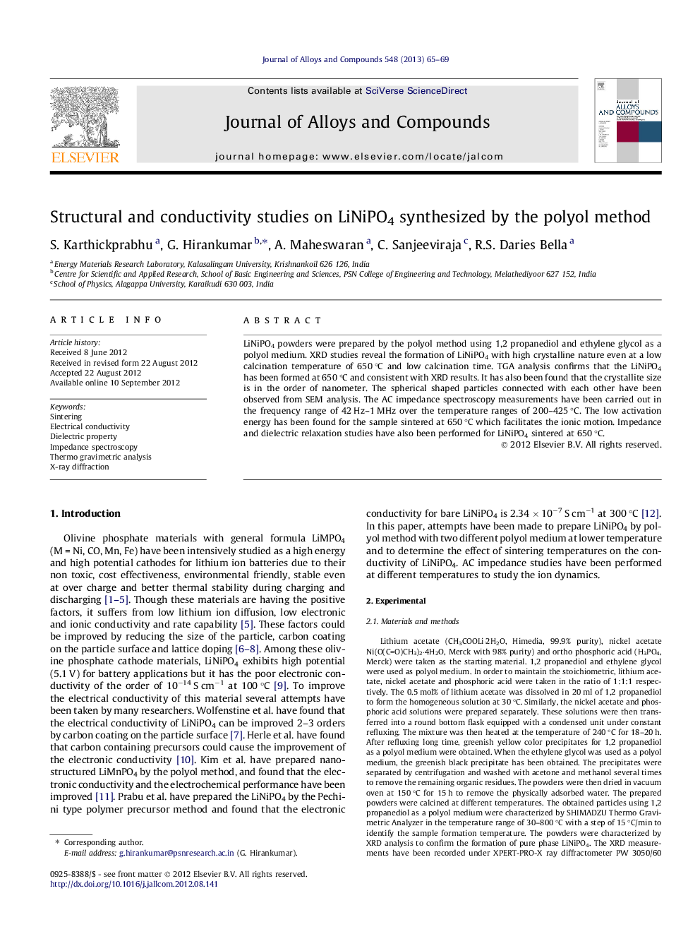 عکس صفحه اول مقاله: Structural and conductivity studies on LiNiPO4 synthesized by the polyol method Structural and conductivity studies on LiNiPO4 synthesized by the polyol method