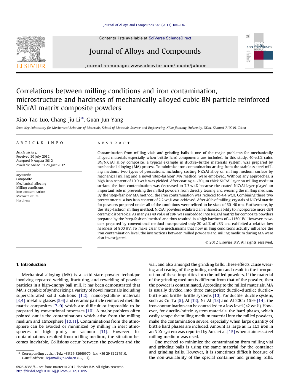 Correlations between milling conditions and iron contamination, microstructure and hardness of mechanically alloyed cubic BN particle reinforced NiCrAl matrix composite powders