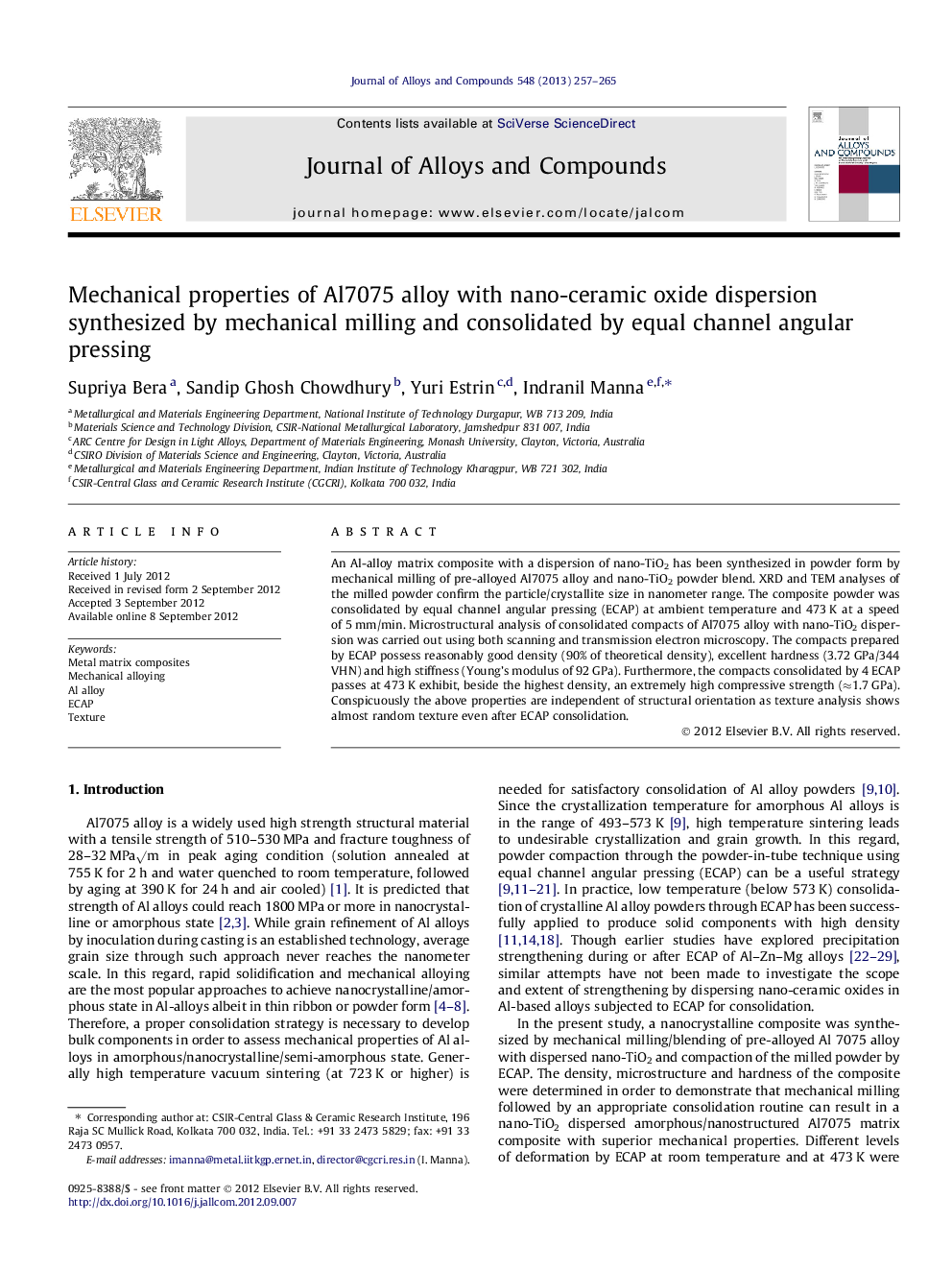 Mechanical properties of Al7075 alloy with nano-ceramic oxide dispersion synthesized by mechanical milling and consolidated by equal channel angular pressing