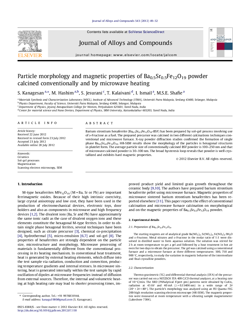 Particle morphology and magnetic properties of Ba0.5Sr0.5Fe12O19 powder calcined conventionally and by microwave heating