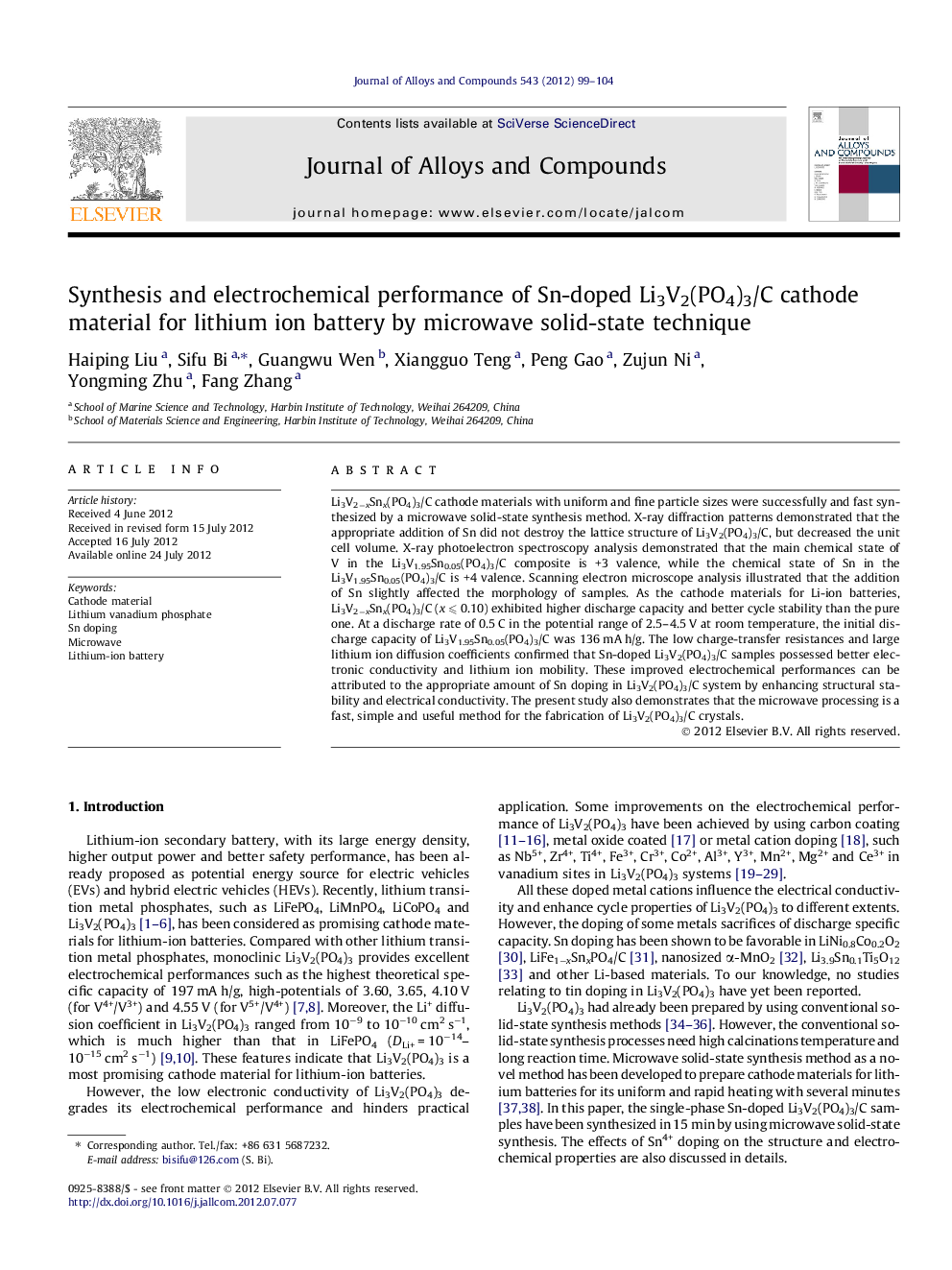 Synthesis and electrochemical performance of Sn-doped Li3V2(PO4)3/C cathode material for lithium ion battery by microwave solid-state technique