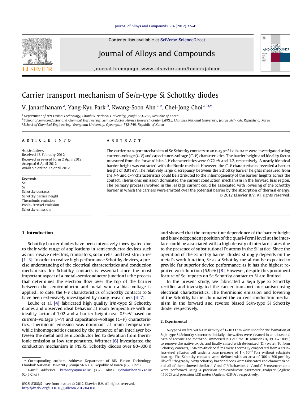 Carrier transport mechanism of Se/n-type Si Schottky diodes