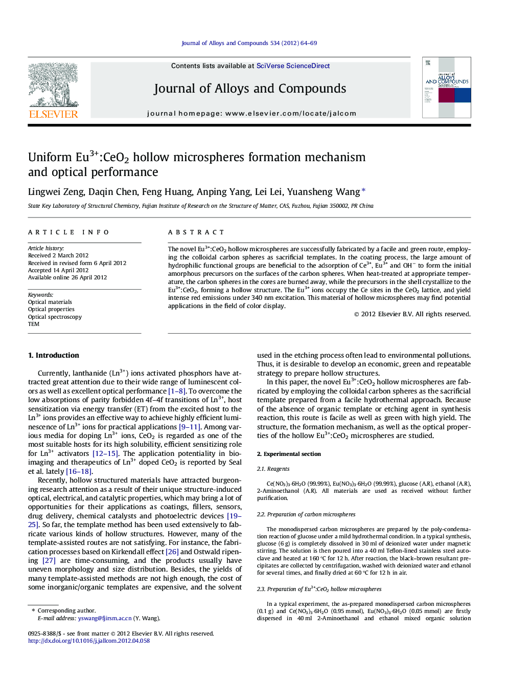 Uniform Eu3+:CeO2 hollow microspheres formation mechanism and optical performance