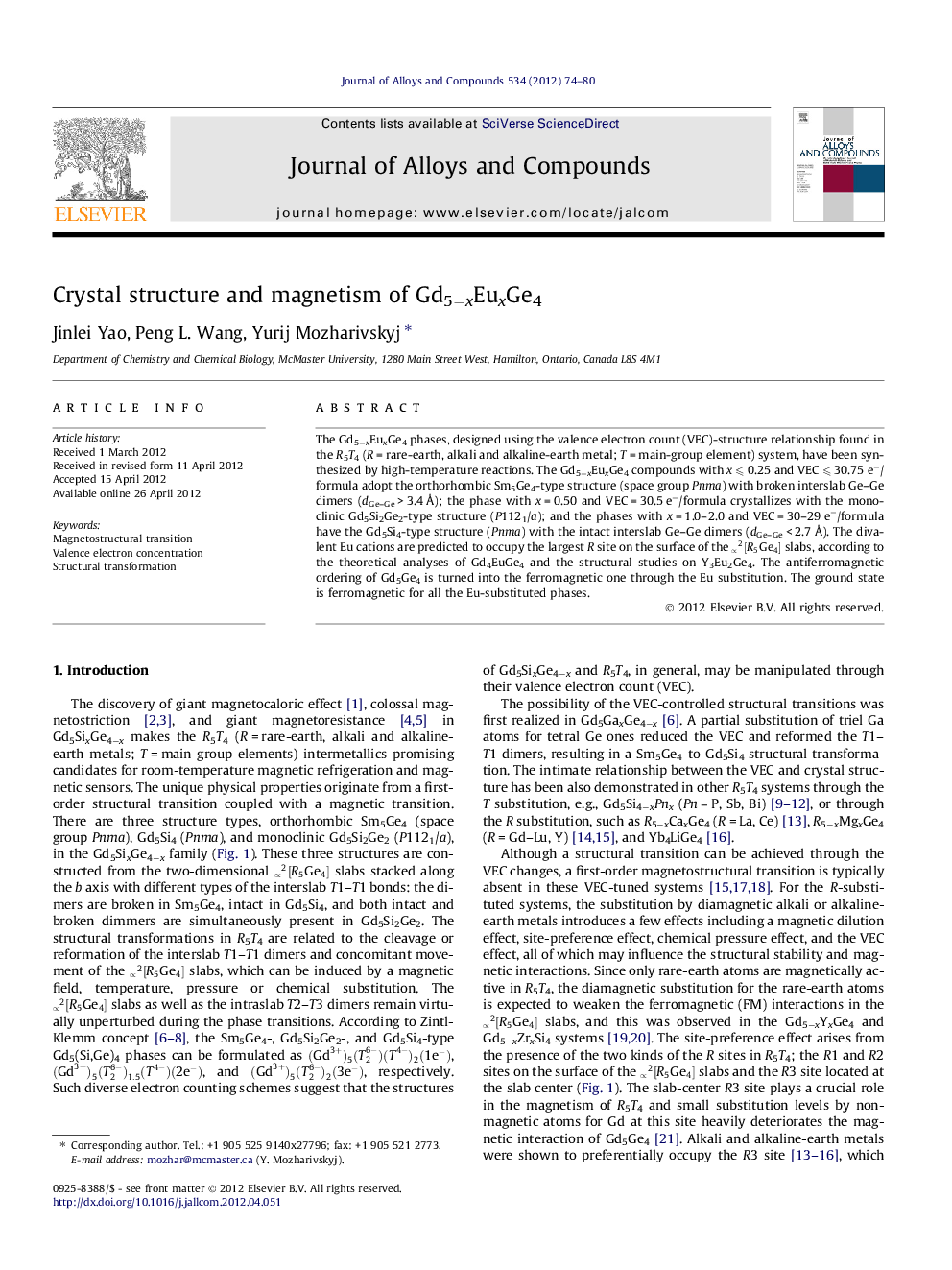 Crystal structure and magnetism of Gd5−xEuxGe4