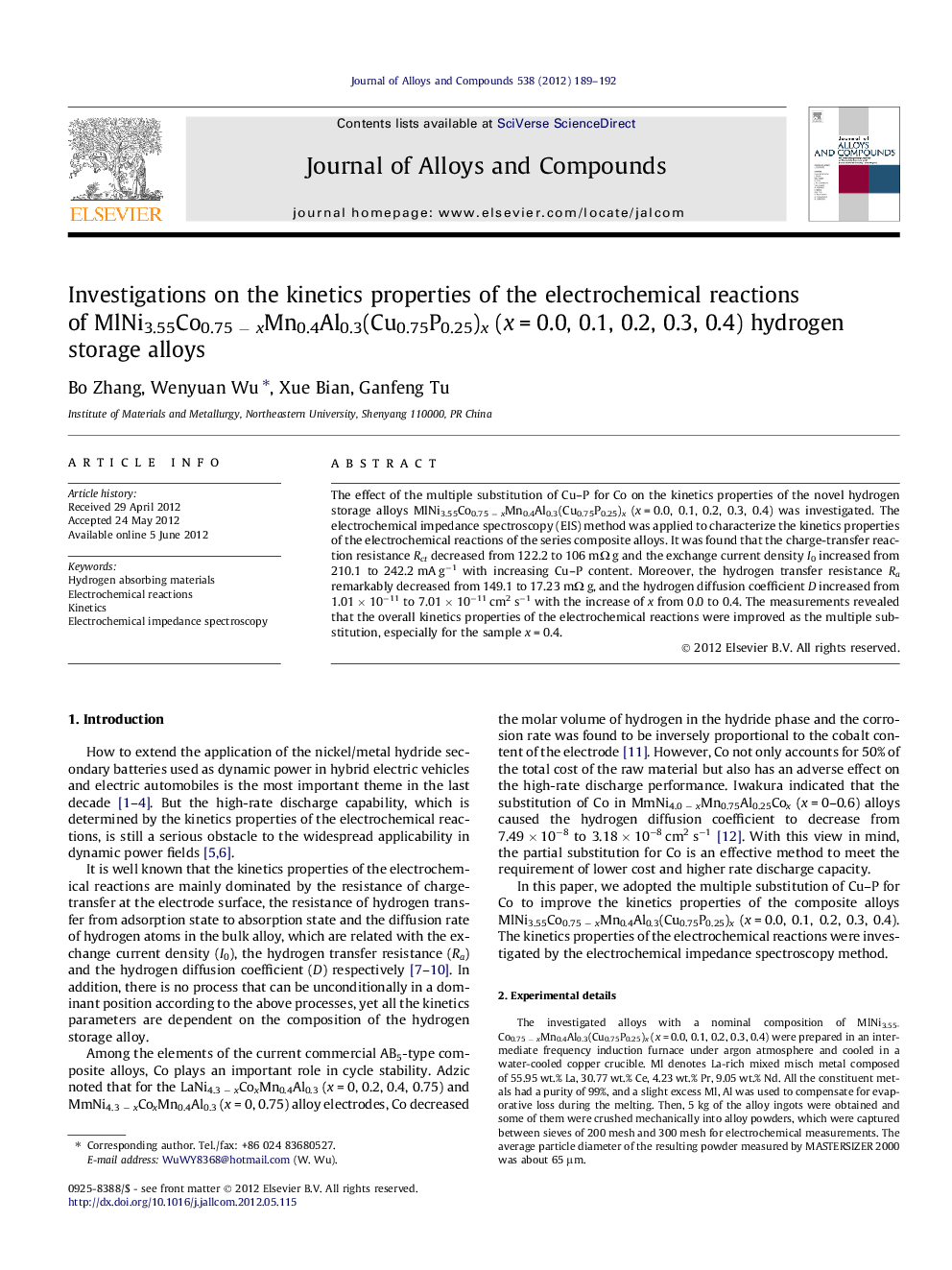 Investigations on the kinetics properties of the electrochemical reactions of MlNi3.55Co0.75 − xMn0.4Al0.3(Cu0.75P0.25)x (x = 0.0, 0.1, 0.2, 0.3, 0.4) hydrogen storage alloys