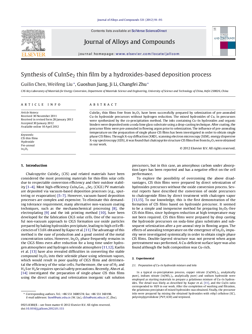 Synthesis of CuInSe2 thin film by a hydroxides-based deposition process