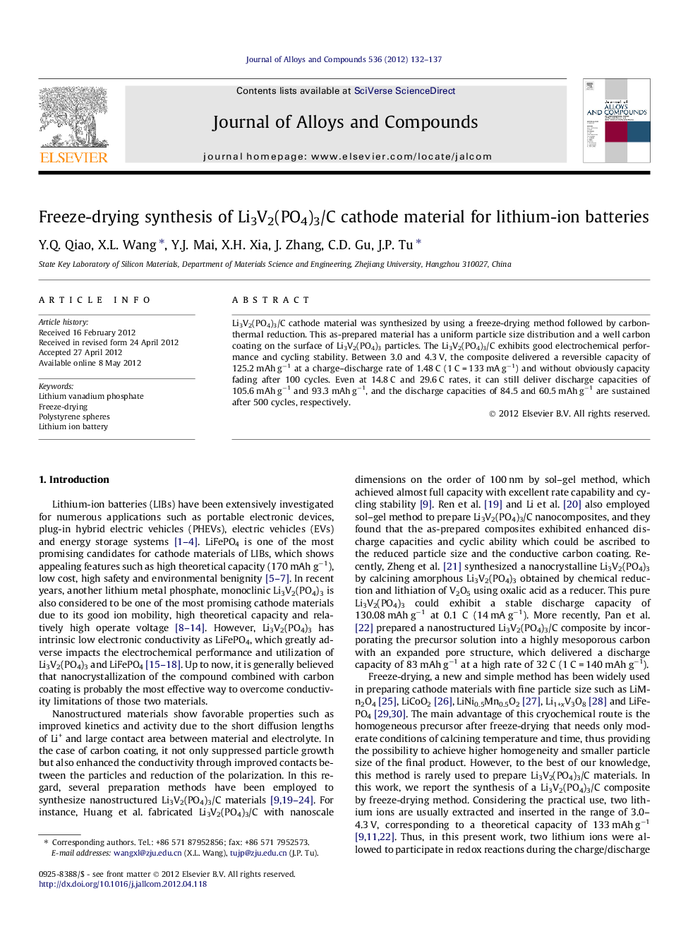 عکس صفحه اول مقاله: Freeze-drying synthesis of Li3V2(PO4)3/C cathode material for lithium-ion batteries Freeze-drying synthesis of Li3V2(PO4)3/C cathode material for lithium-ion batteries