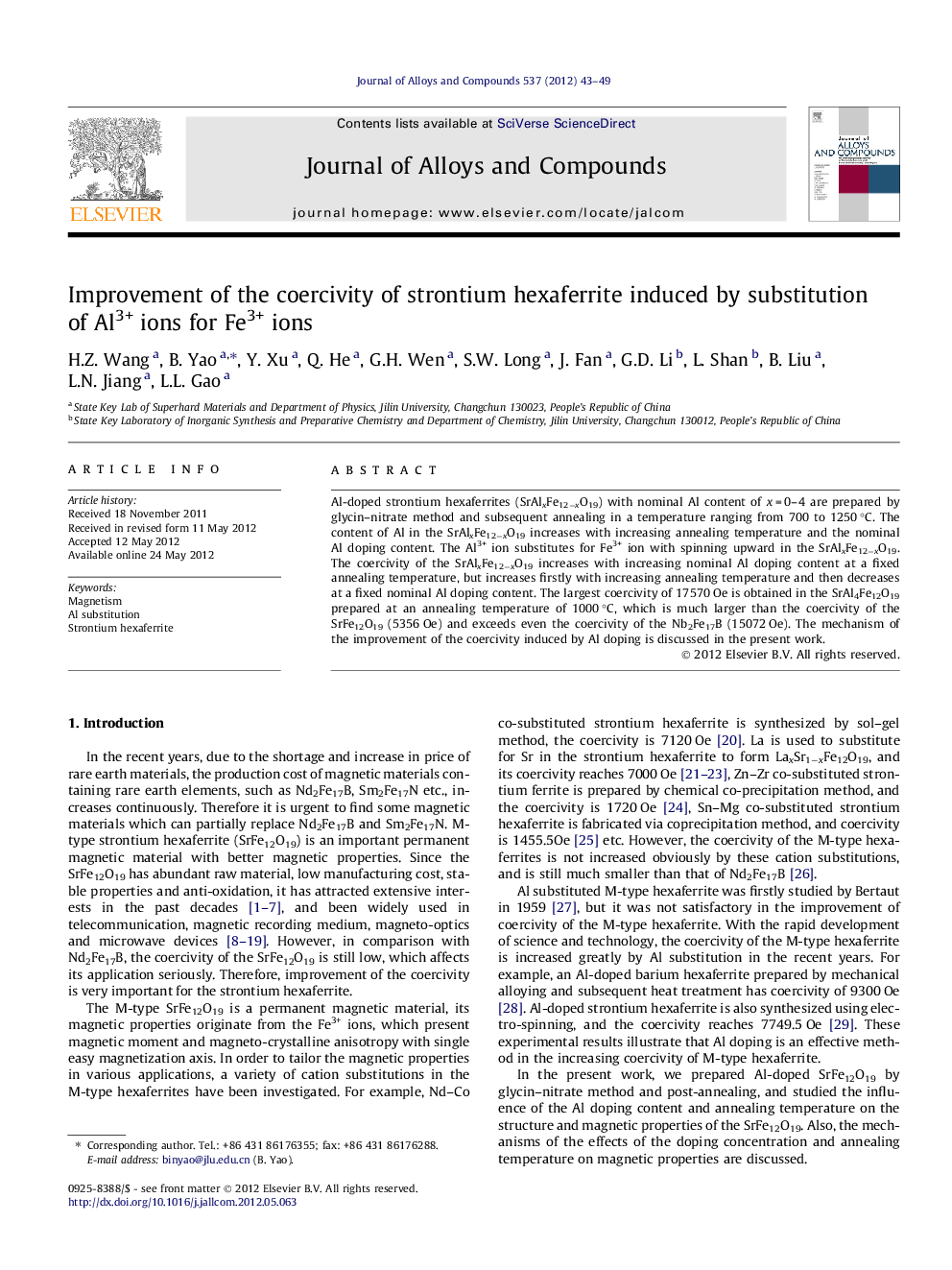 Improvement of the coercivity of strontium hexaferrite induced by substitution of Al3+ ions for Fe3+ ions