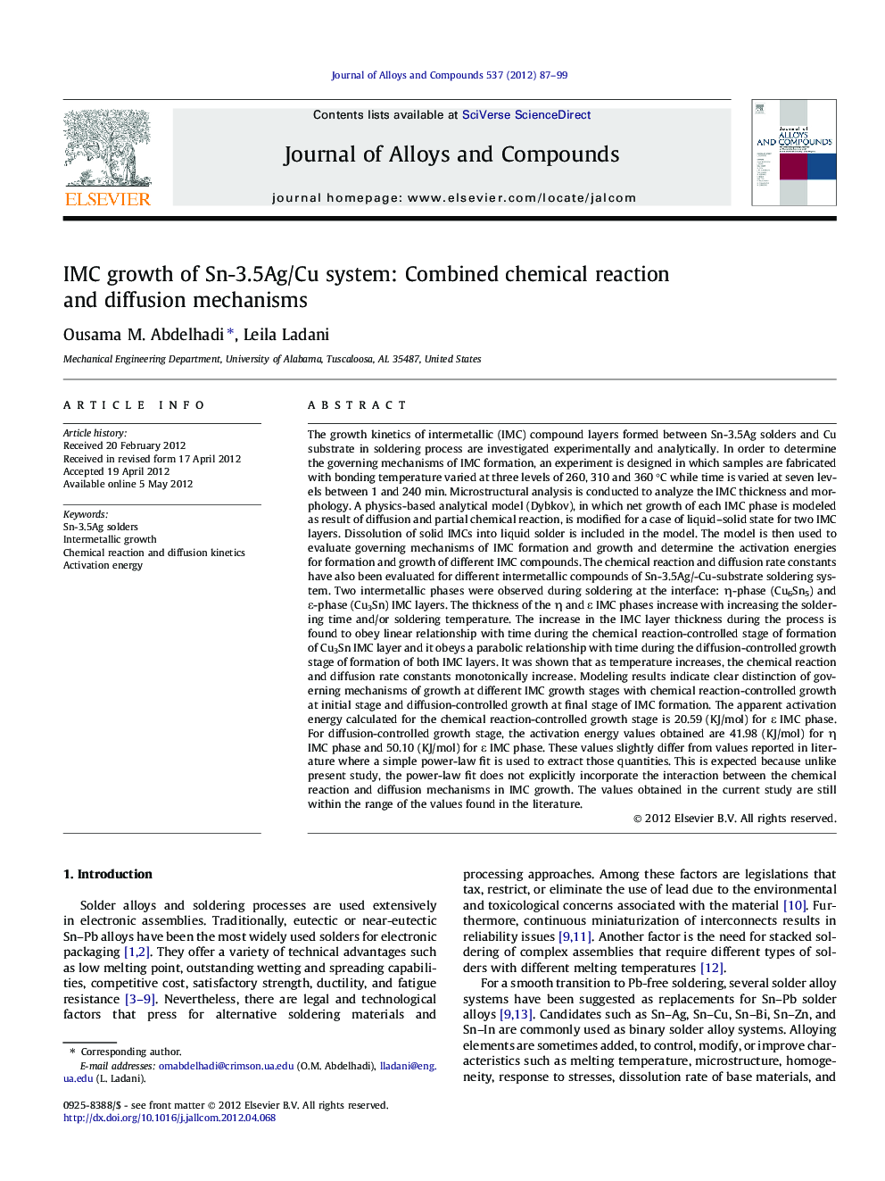 IMC growth of Sn-3.5Ag/Cu system: Combined chemical reaction and diffusion mechanisms