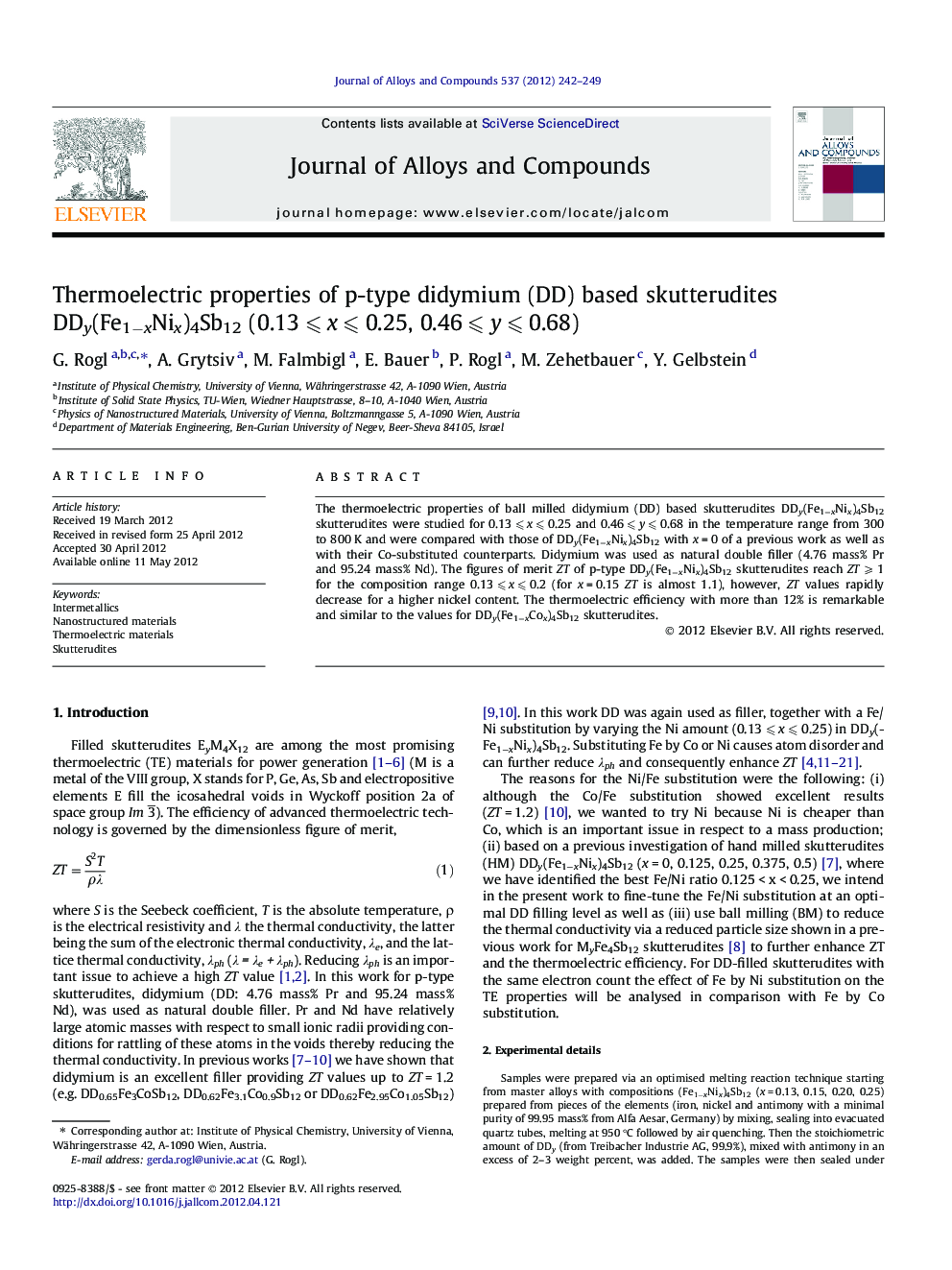 Thermoelectric properties of p-type didymium (DD) based skutterudites DDy(Fe1−xNix)4Sb12 (0.13 ⩽ x ⩽ 0.25, 0.46 ⩽ y ⩽ 0.68)