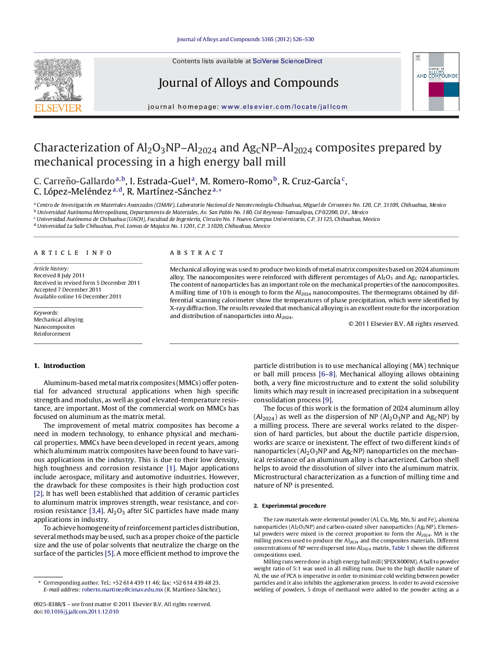 Characterization of Al2O3NP-Al2024 and AgCNP-Al2024 composites prepared by mechanical processing in a high energy ball mill