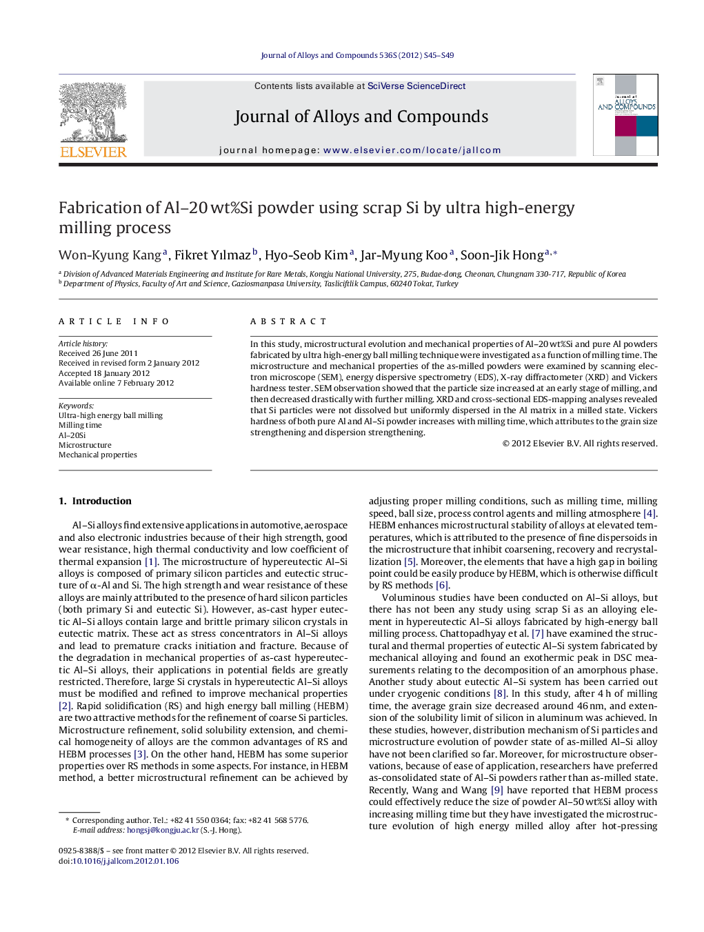 Fabrication of Al-20Â wt%Si powder using scrap Si by ultra high-energy milling process