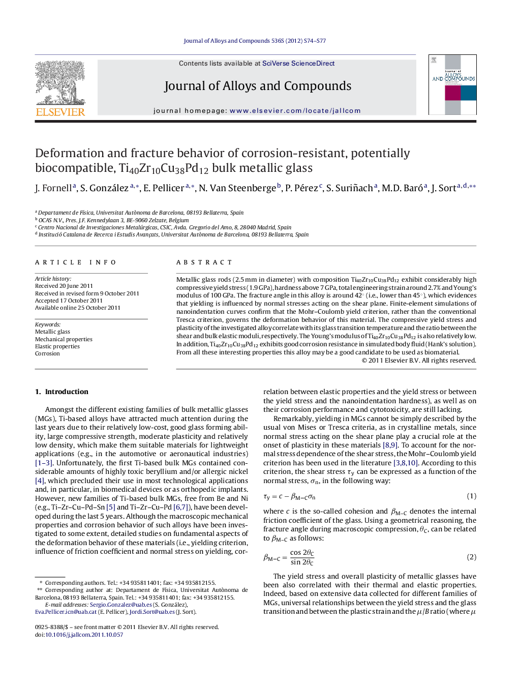 عکس صفحه اول مقاله: Deformation and fracture behavior of corrosion-resistant, potentially biocompatible, Ti40Zr10Cu38Pd12 bulk metallic glass Deformation and fracture behavior of corrosion-resistant, potentially biocompatible, Ti40Zr10Cu38Pd12 bulk metallic glass