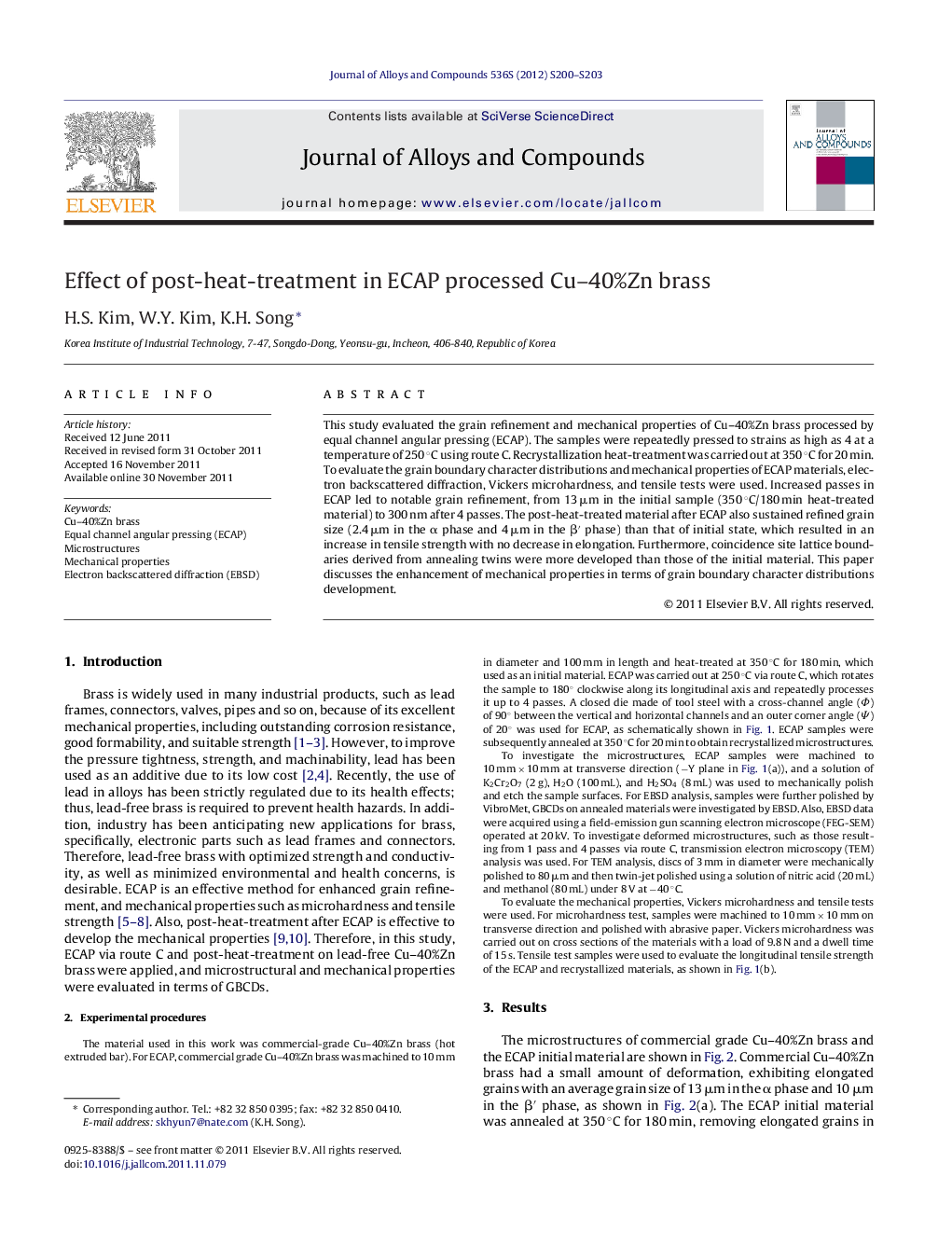 Effect of post-heat-treatment in ECAP processed Cu–40%Zn brass