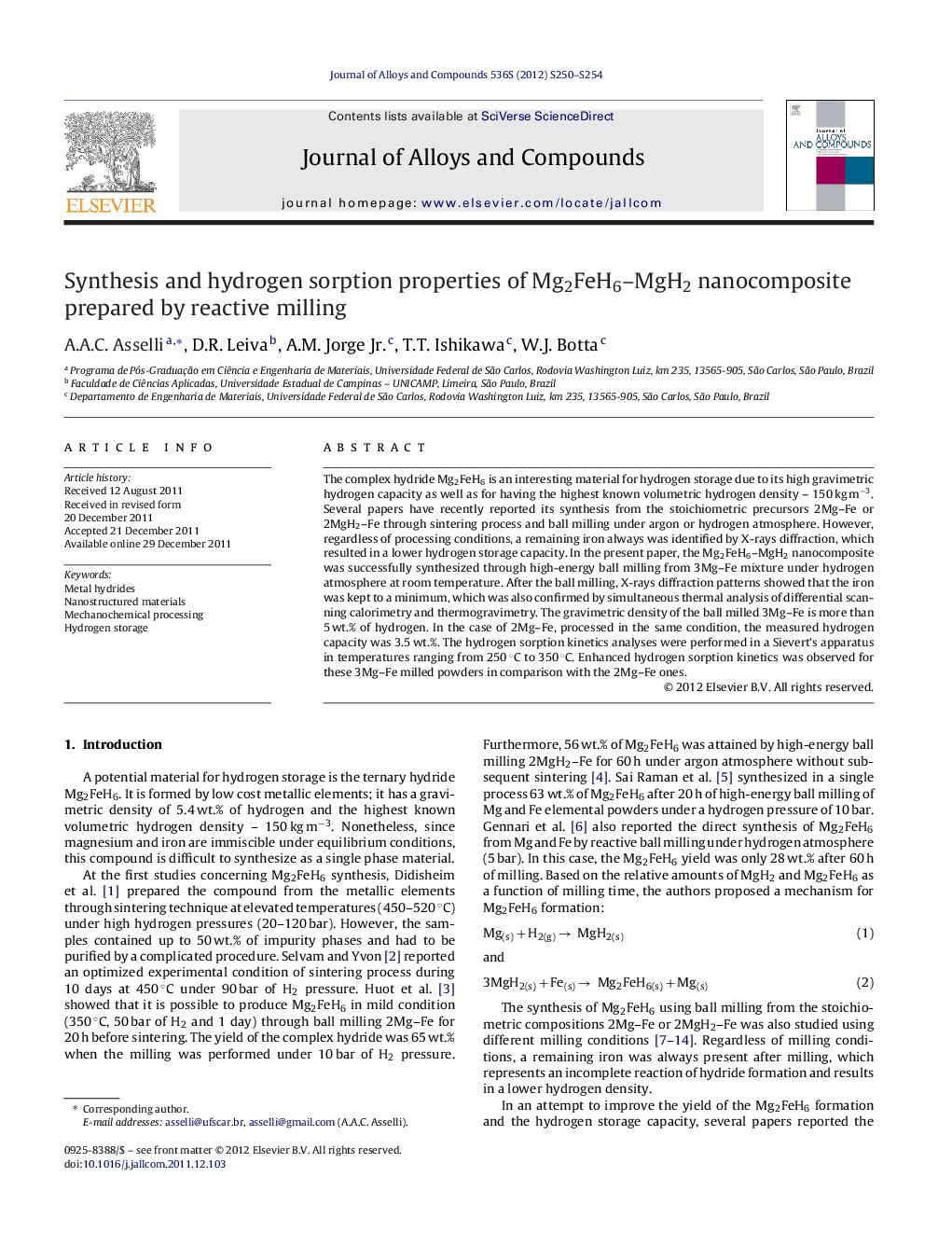 Synthesis and hydrogen sorption properties of Mg2FeH6–MgH2 nanocomposite prepared by reactive milling