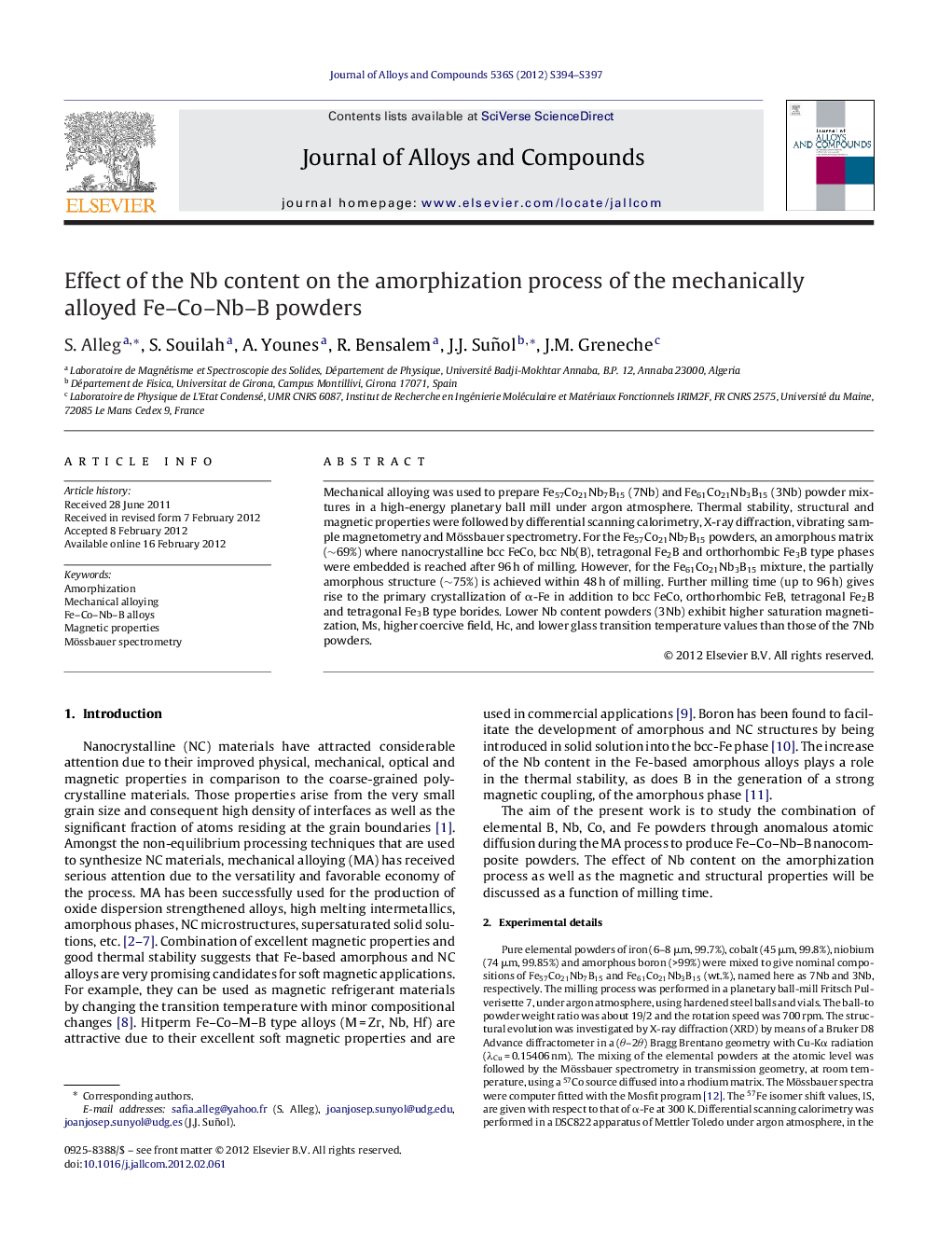 Effect of the Nb content on the amorphization process of the mechanically alloyed Fe–Co–Nb–B powders