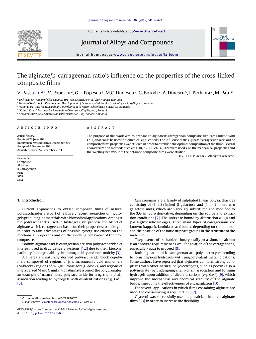 The alginate/k-carrageenan ratio's influence on the properties of the cross-linked composite films