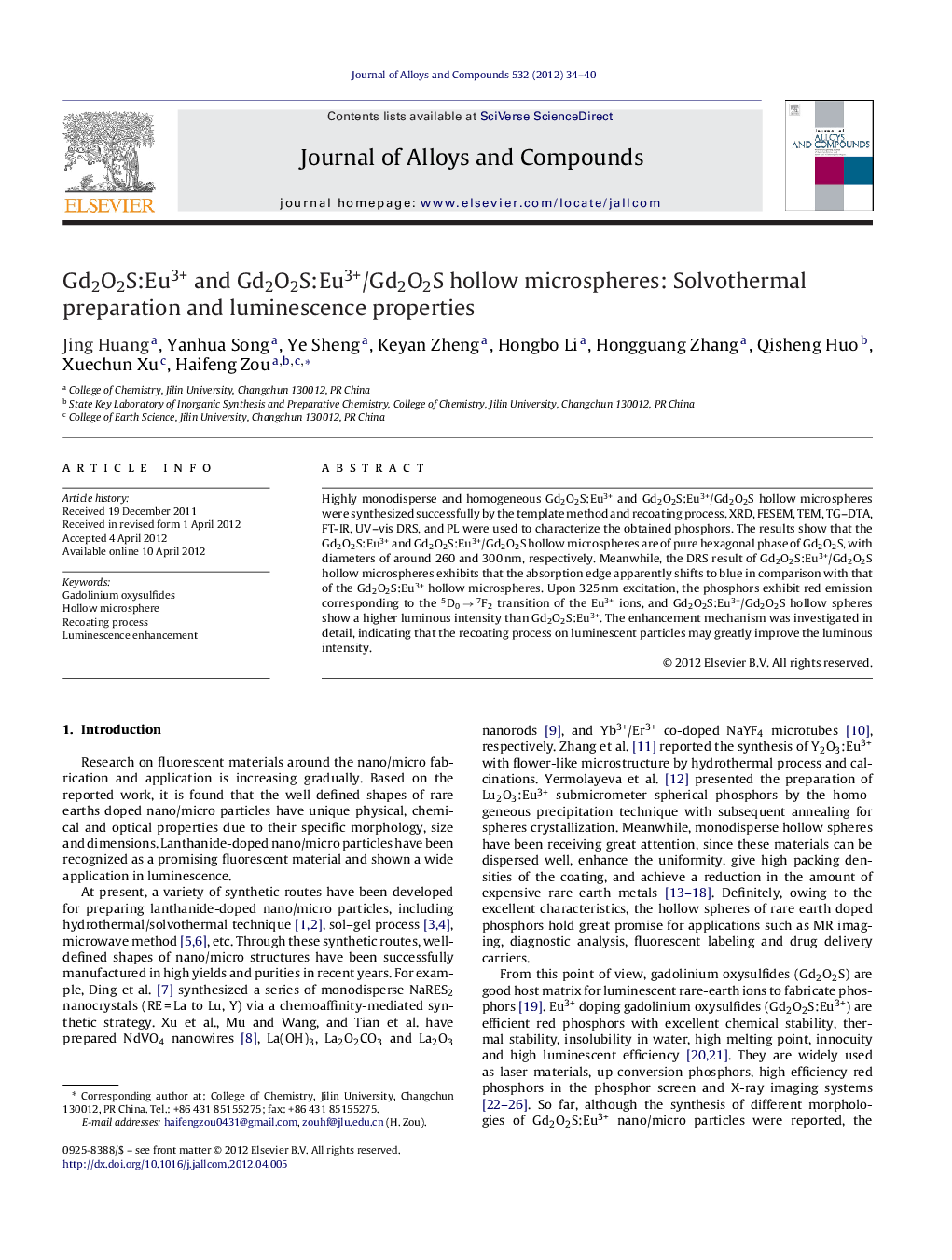 Gd2O2S:Eu3+ and Gd2O2S:Eu3+/Gd2O2S hollow microspheres: Solvothermal preparation and luminescence properties