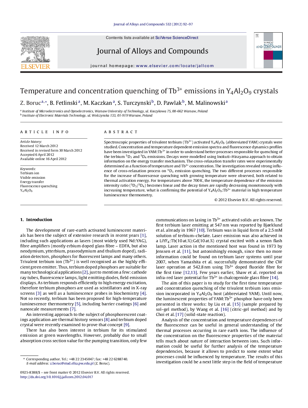 Temperature and concentration quenching of Tb3+ emissions in Y4Al2O9 crystals