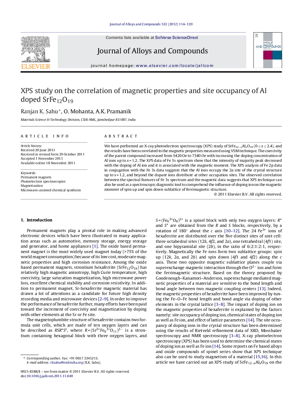 XPS study on the correlation of magnetic properties and site occupancy of Al doped SrFe12O19