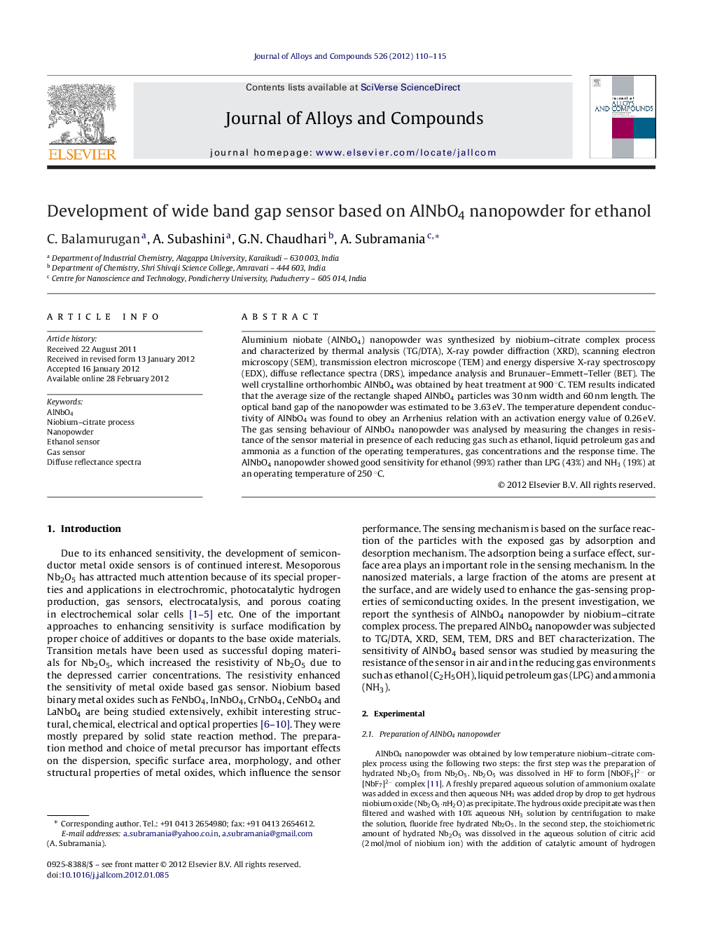 Development of wide band gap sensor based on AlNbO4 nanopowder for ethanol