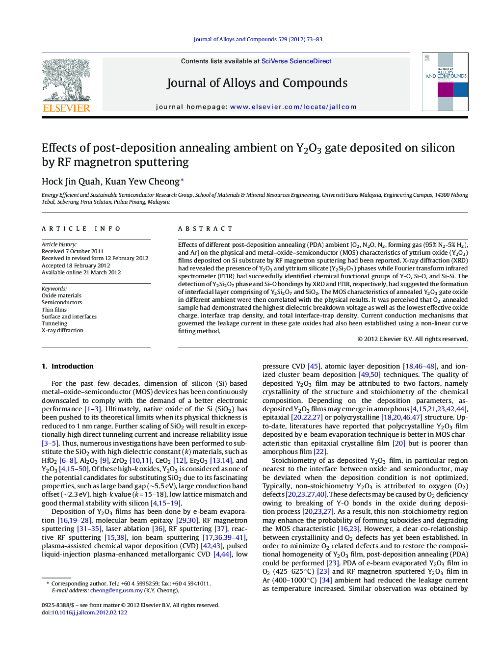 Effects of post-deposition annealing ambient on Y2O3 gate deposited on silicon by RF magnetron sputtering