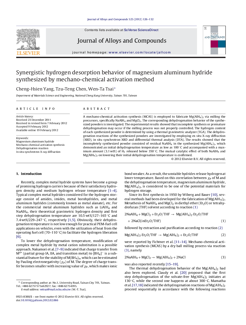 Synergistic hydrogen desorption behavior of magnesium aluminum hydride synthesized by mechano-chemical activation method