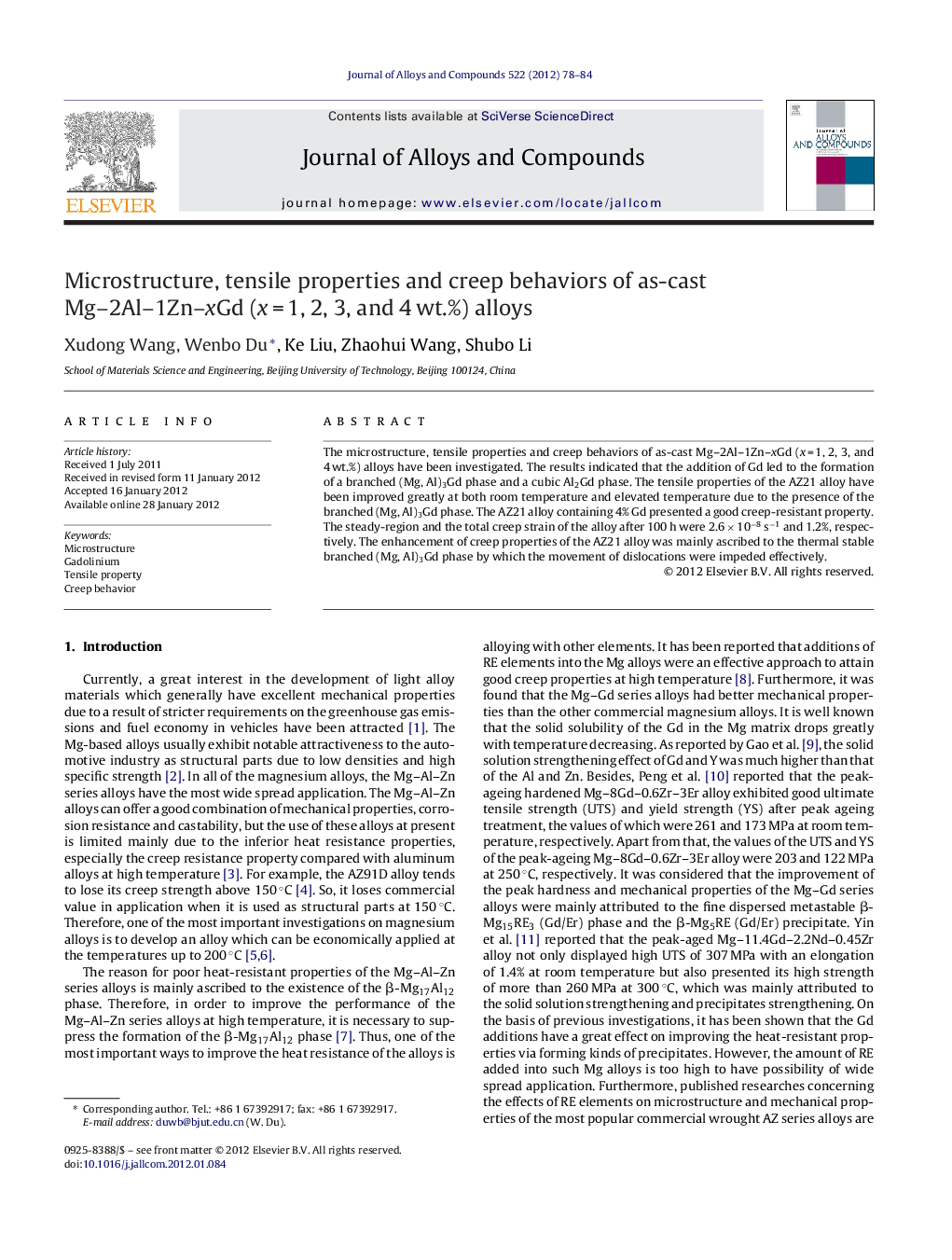 Microstructure, tensile properties and creep behaviors of as-cast Mg–2Al–1Zn–xGd (x = 1, 2, 3, and 4 wt.%) alloys