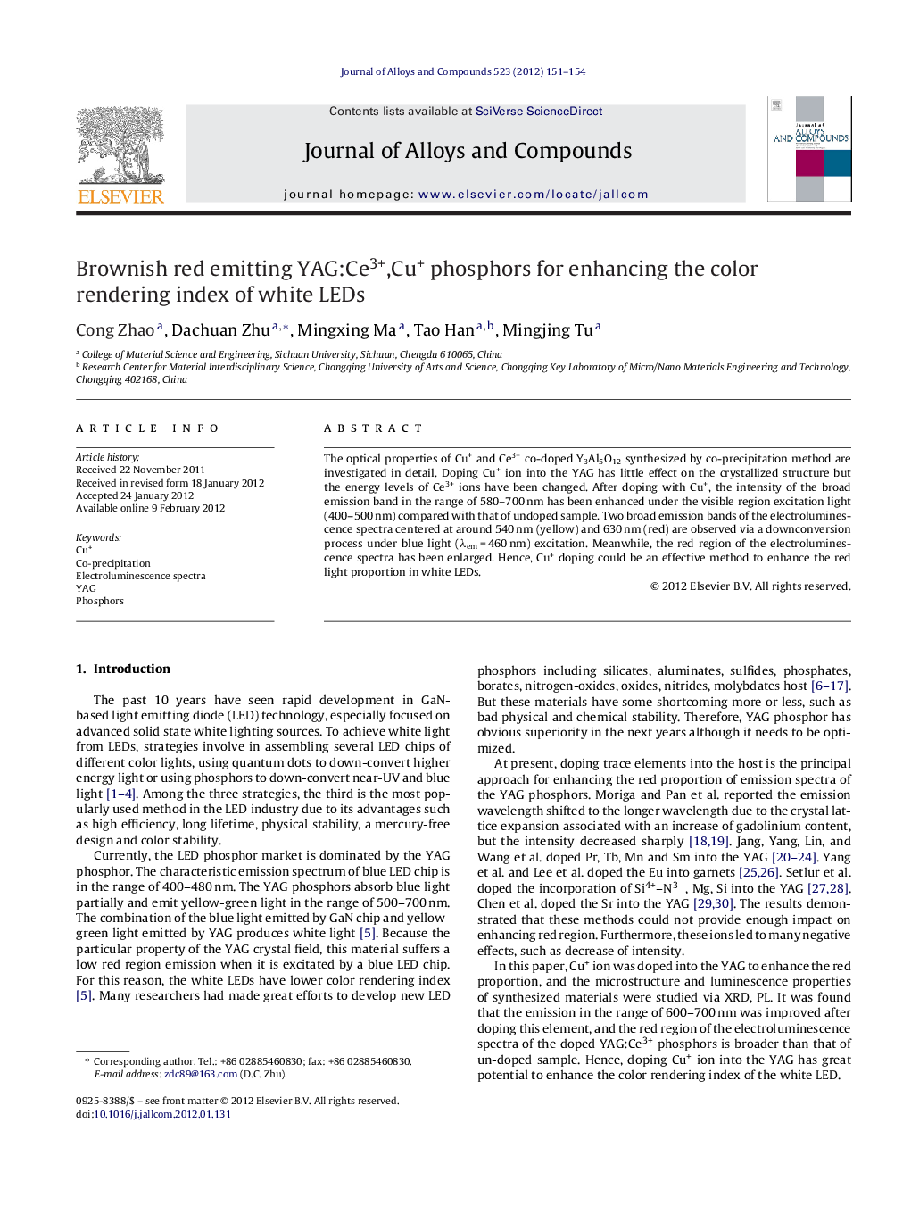 Brownish red emitting YAG:Ce3+,Cu+ phosphors for enhancing the color rendering index of white LEDs