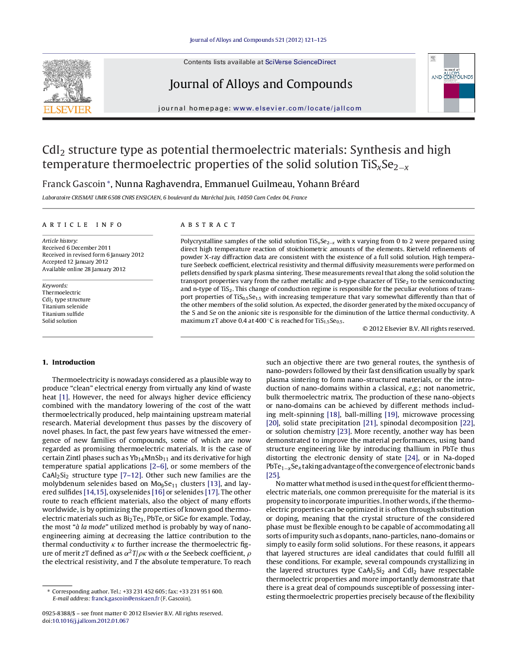 CdI2 structure type as potential thermoelectric materials: Synthesis and high temperature thermoelectric properties of the solid solution TiSxSe2−x