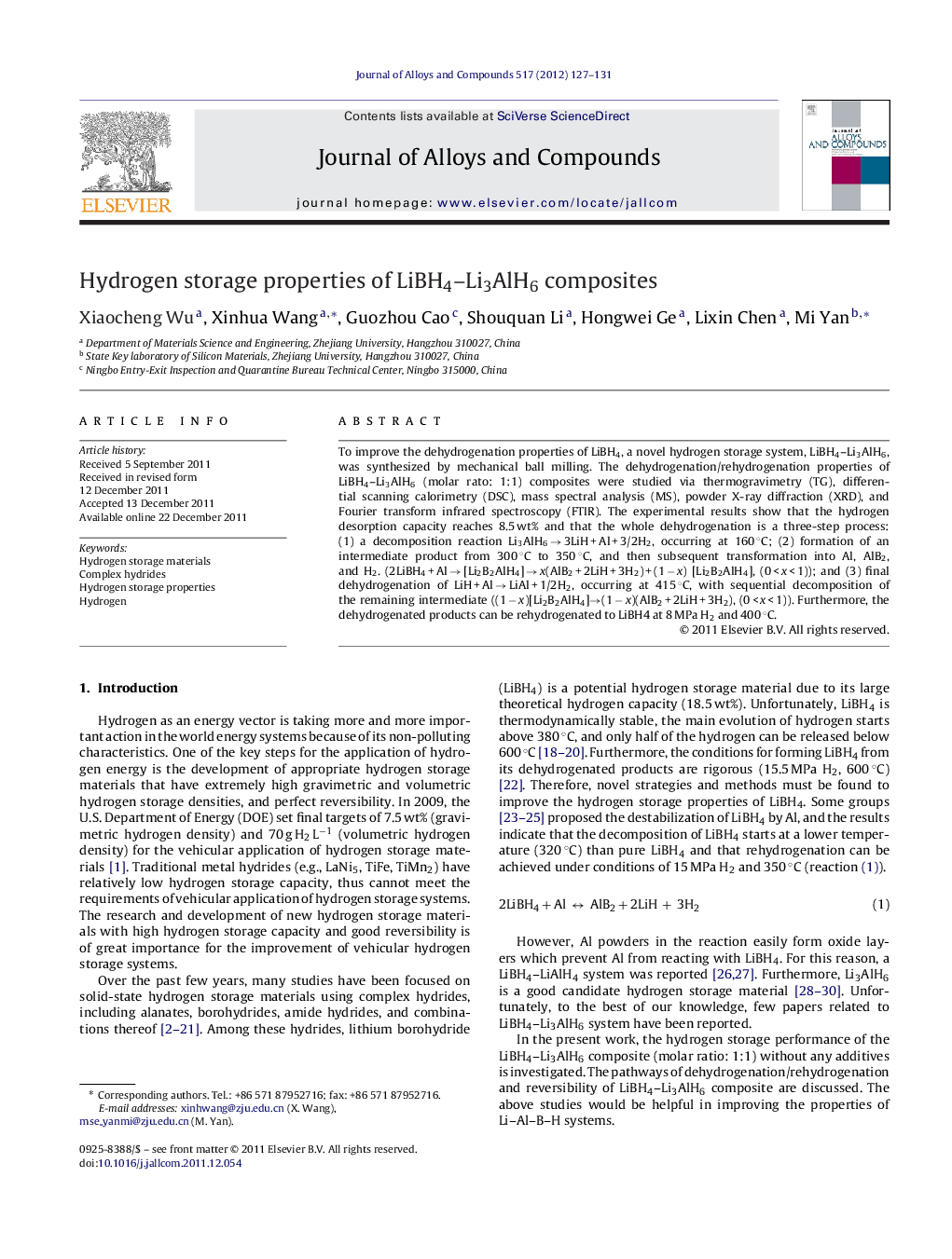 Hydrogen storage properties of LiBH4–Li3AlH6 composites