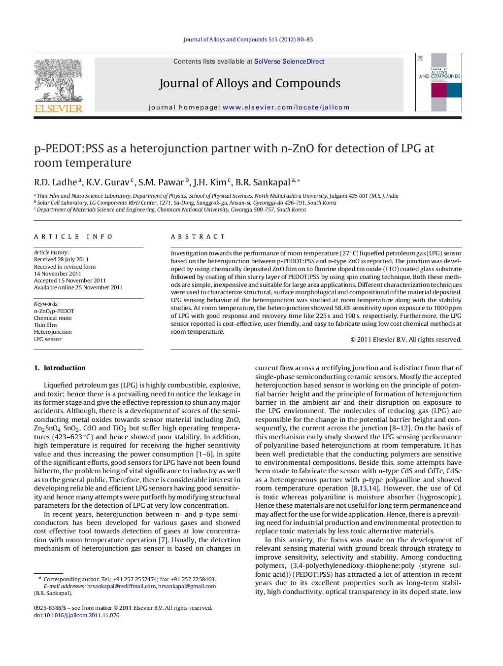 p-PEDOT:PSS as a heterojunction partner with n-ZnO for detection of LPG at room temperature