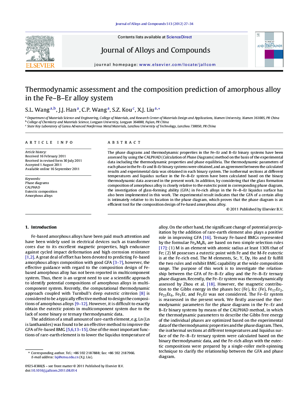 Thermodynamic assessment and the composition prediction of amorphous alloy in the Fe-B-Er alloy system