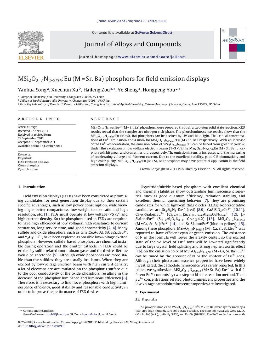 MSi2O2−δN2+2/3δ:Eu (M = Sr, Ba) phosphors for field emission displays