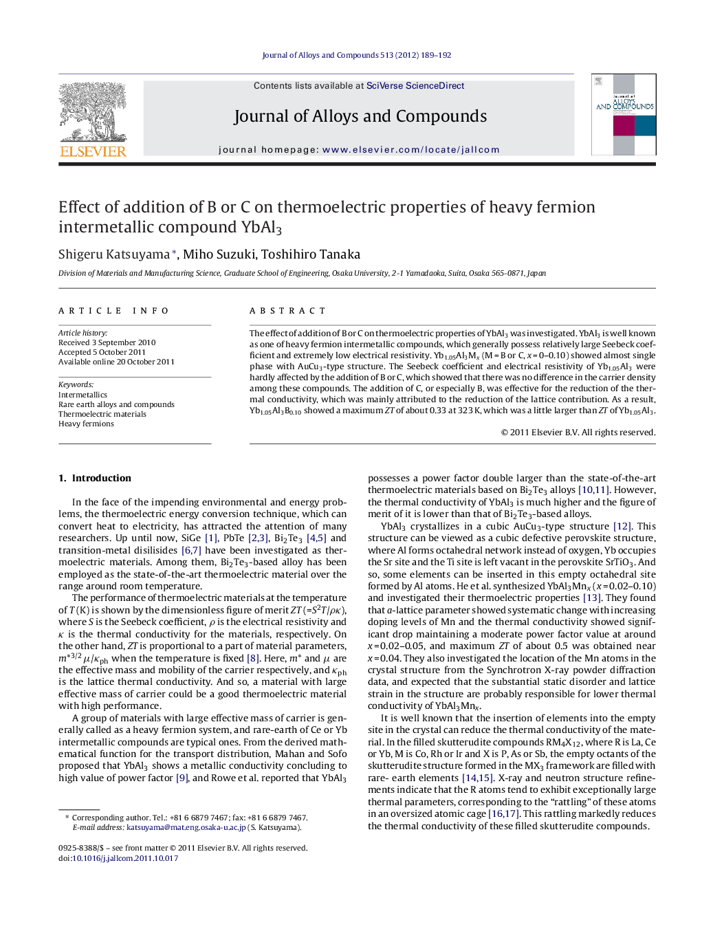 Effect of addition of B or C on thermoelectric properties of heavy fermion intermetallic compound YbAl3