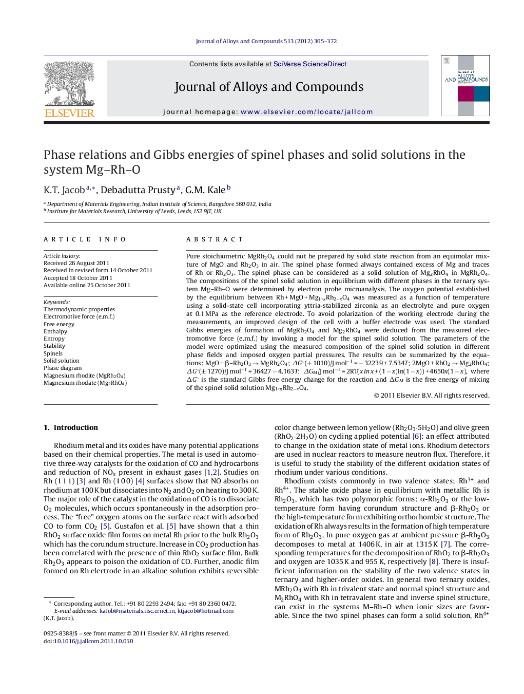 Phase relations and Gibbs energies of spinel phases and solid solutions in the system Mg–Rh–O