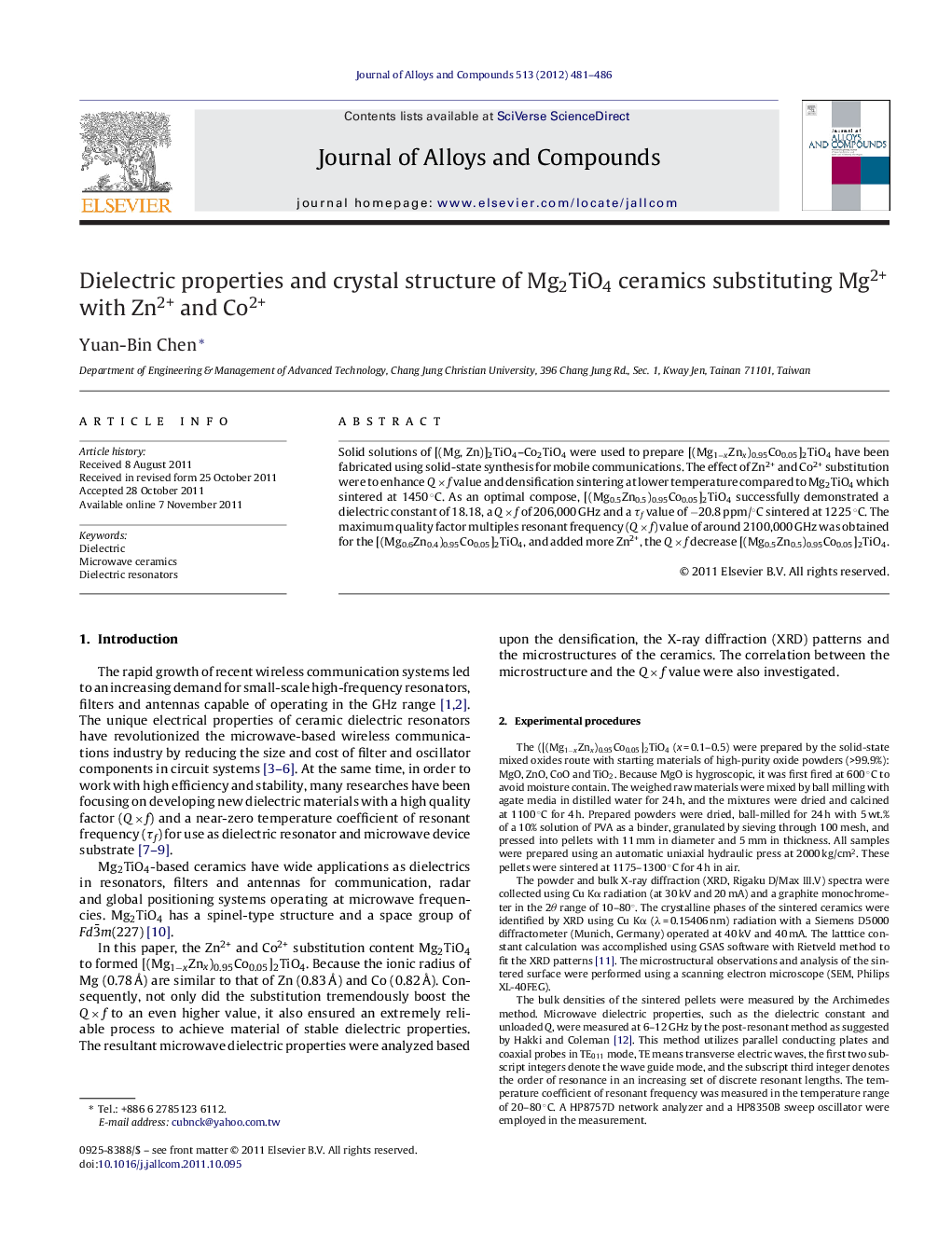 عکس صفحه اول مقاله: Dielectric properties and crystal structure of Mg2TiO4 ceramics substituting Mg2+ with Zn2+ and Co2+ Dielectric properties and crystal structure of Mg2TiO4 ceramics substituting Mg2+ with Zn2+ and Co2+
