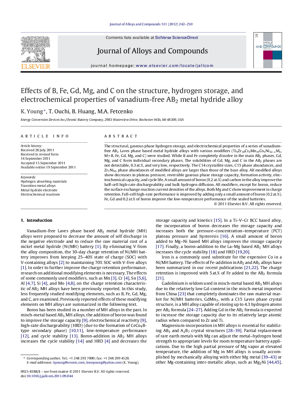 Effects of B, Fe, Gd, Mg, and C on the structure, hydrogen storage, and electrochemical properties of vanadium-free AB2 metal hydride alloy